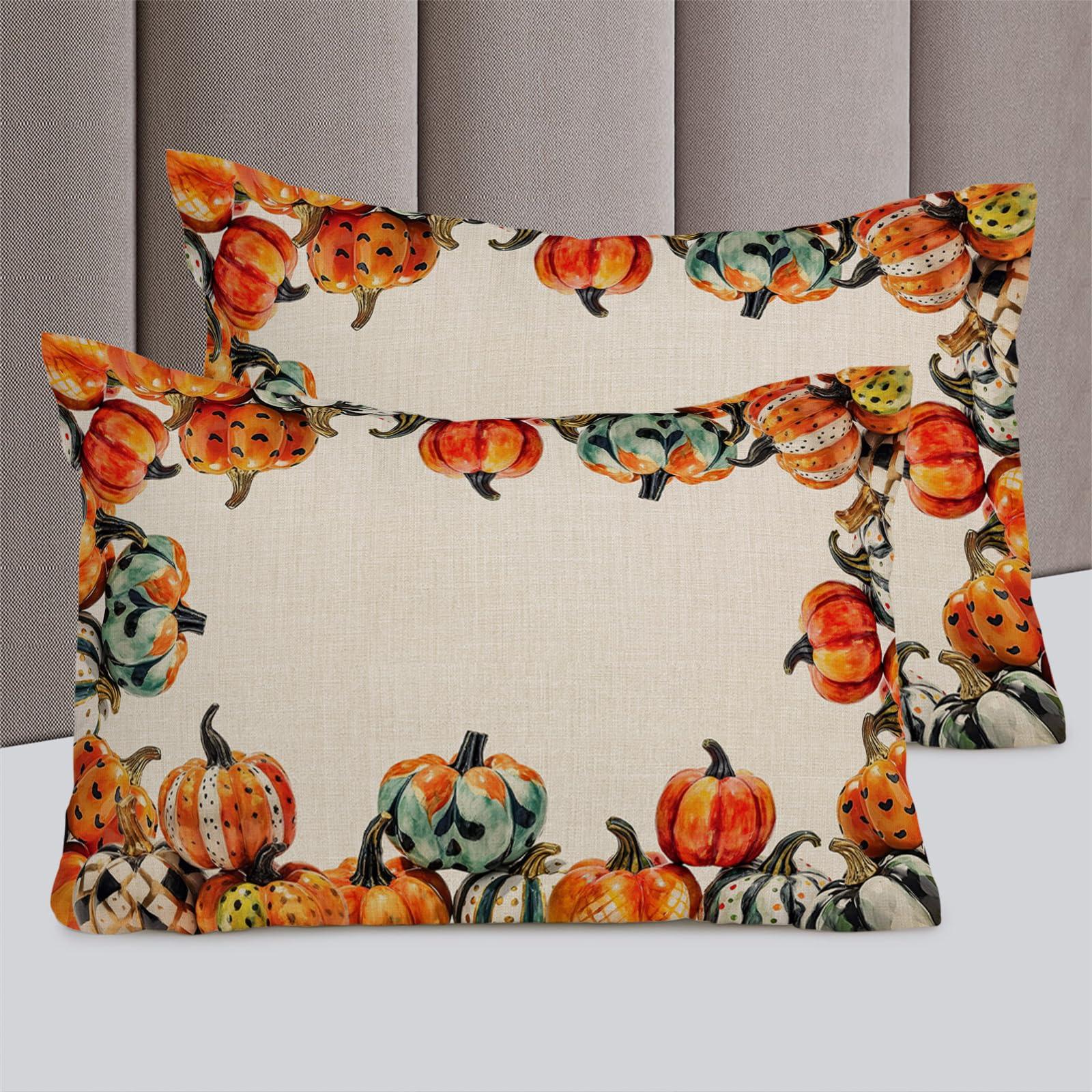 Debedcor Thanksgiving Duvet Cover Full Size, Polka Dot Plaid Paint Pumpkin Orange Green Burlap Comforter Cover with Zipper Closure, 3 Piece Bedding Sets 1 Duvet Cover 86x86 Inches and 2 Pillow Shams