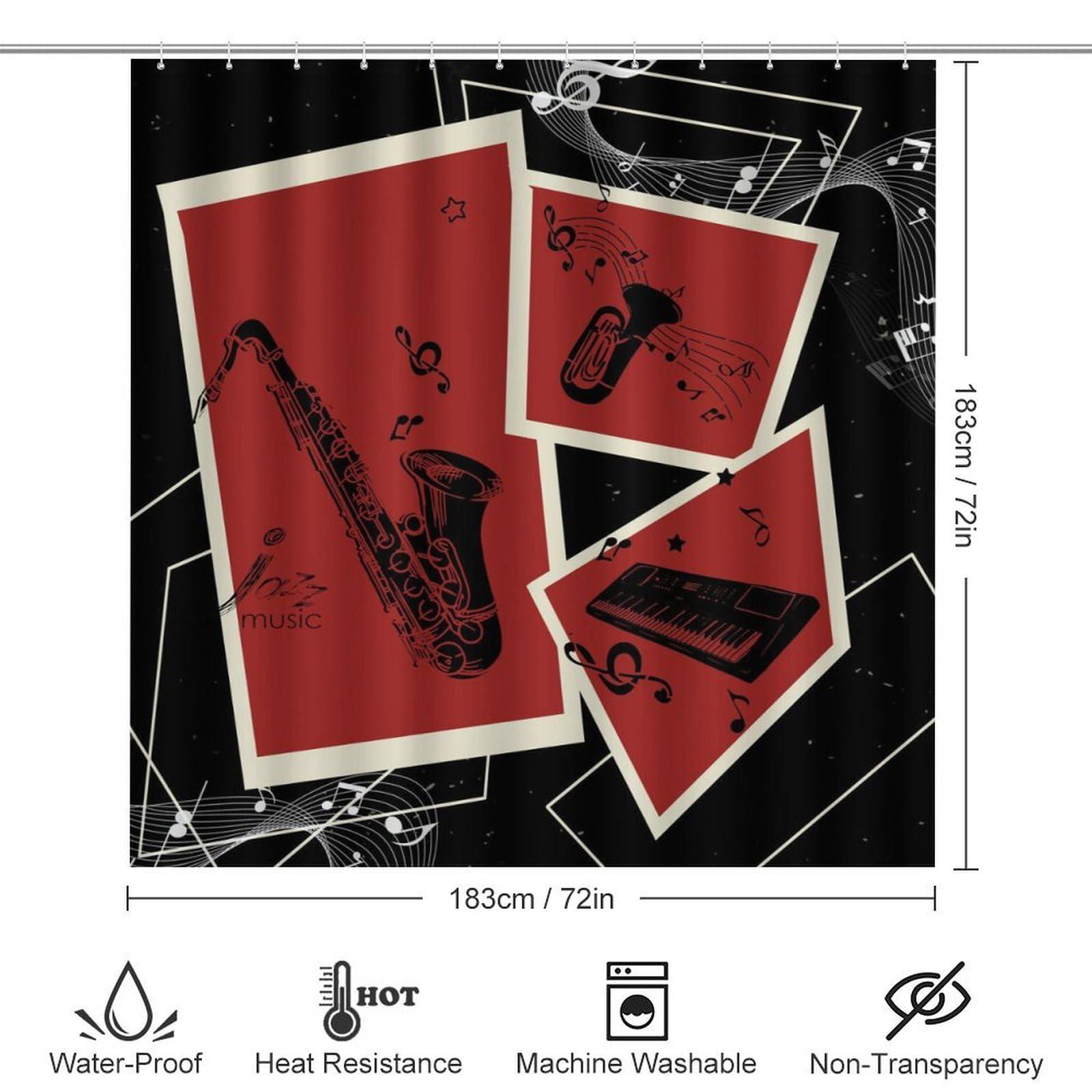 brebasf Brebasf Jazz Music 4 Pcs Shower Curtain Bathroom Set Retro Music Sax Jazz Instrument Red Shower Mat Shower Curtain with Rug 12 Hooks,72\" W x 72\" L