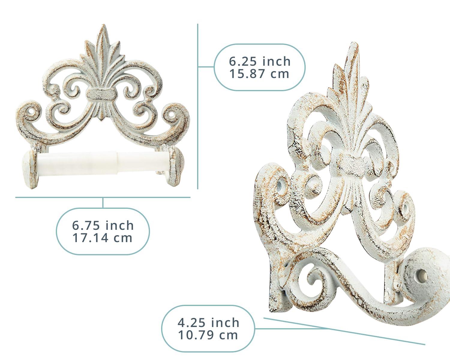 Comfify Decorative Cast Iron Fleur De Lis Toilet Paper Roll Holder - Wall Mounted, Antique White, Vintage Rustic Design - Bathroom Accessory with Easy Installation - Included Screws and Anchors