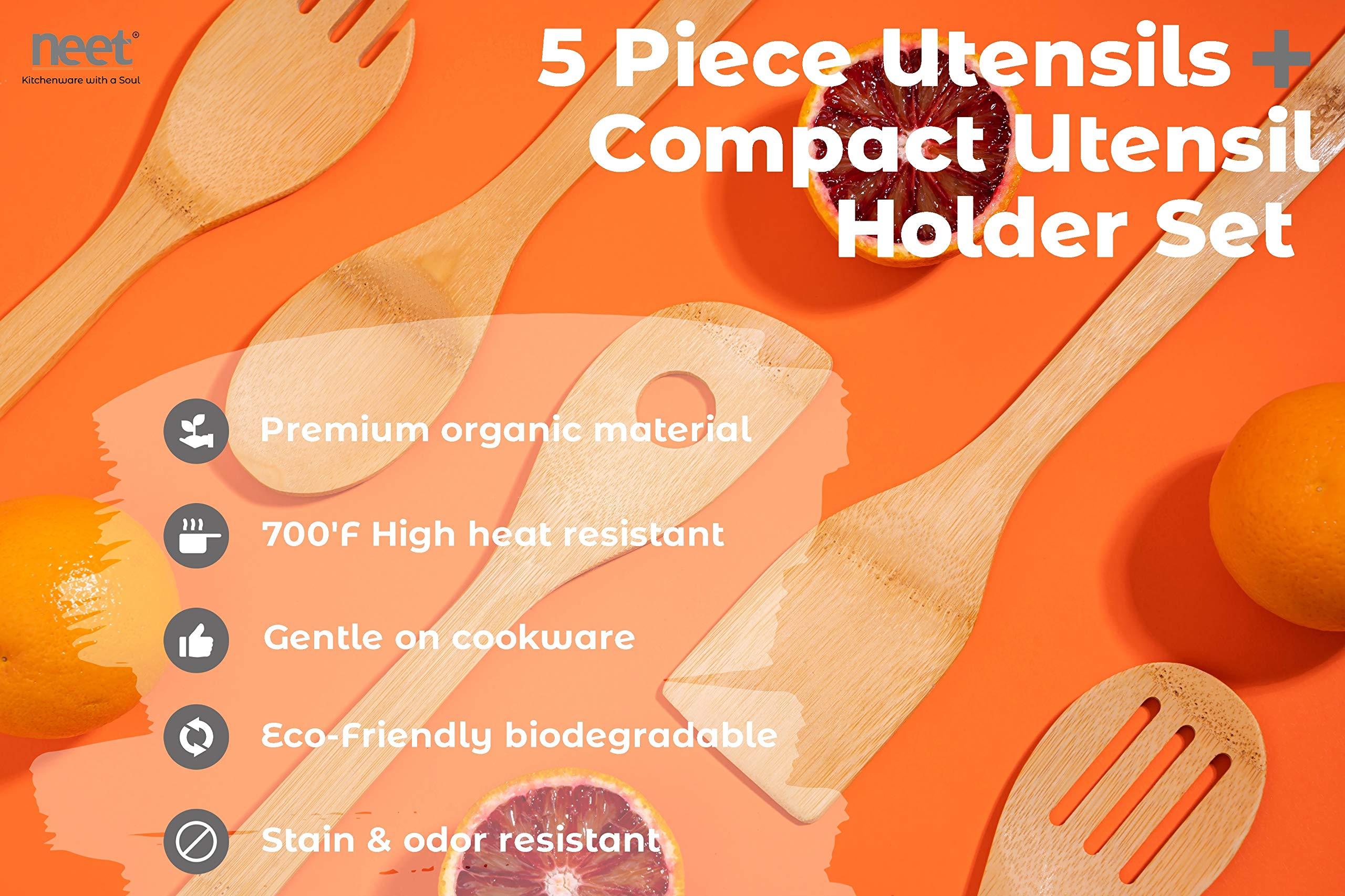 NEET Neet Wooden Spoons For Cooking 6 Piece Organic Bamboo Utensil Set With Holder Wood Kitchen Utensils Spatula Spoon For High Heat Stirring In Nonstick Pots & Pans Quality Gift & Everyday Use