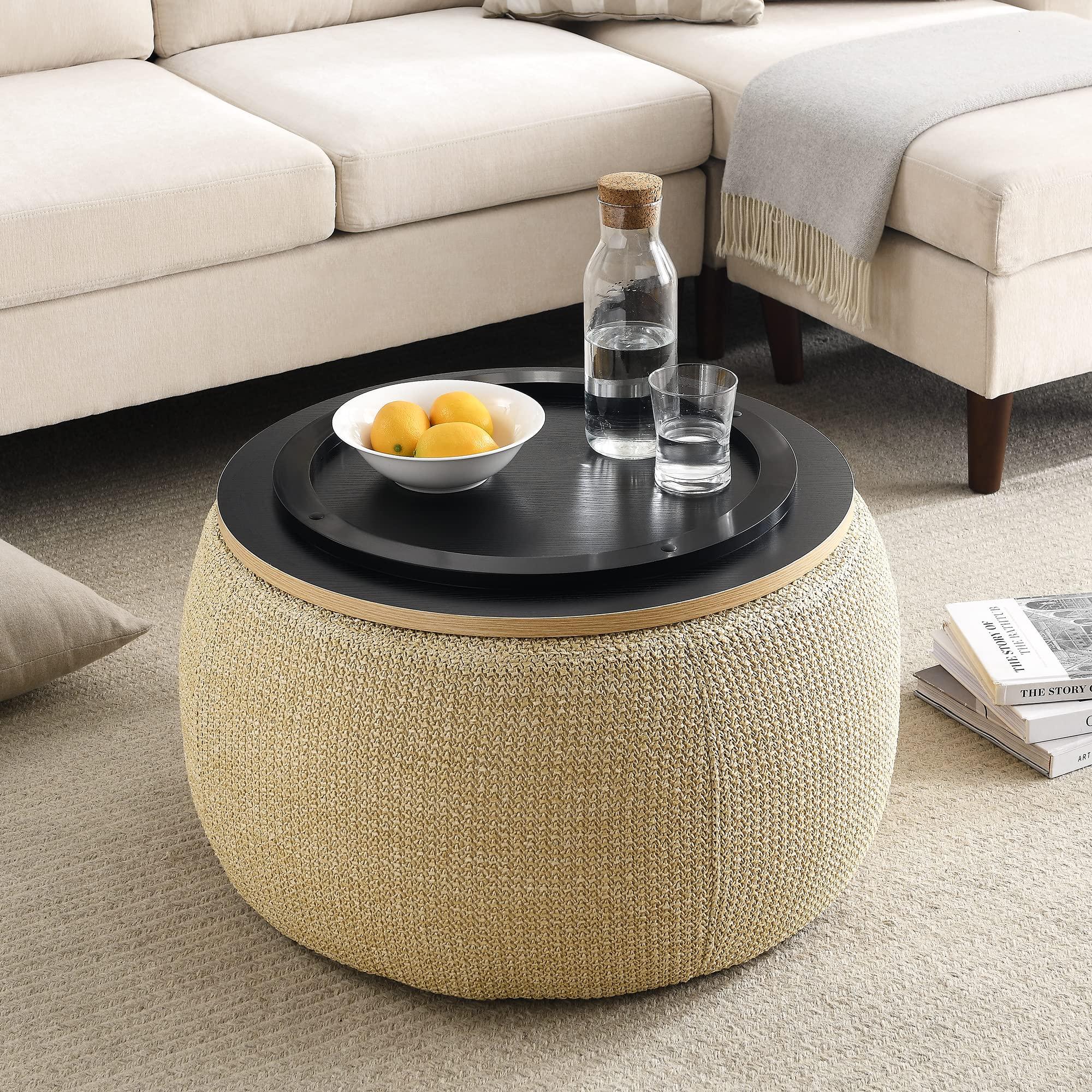 Kakotito Kakotito Modern Round Storage Ottoman with Wooden Lid,Circle Ottoman Handmade Ottoman Coffee Table,End Table & Footstool for Living Room (Natural)