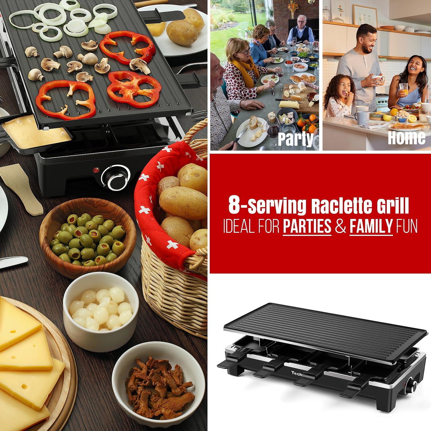 Techwood Raclette Grill, Techwood Electric Table Indoor Grill Korean BBQ Grill, Removable 2-in-1 Non-Stick Grill Plate, 1500W Fast Heating with 8 Cheese Melt Pans, Ideal for Parties and Family Fun