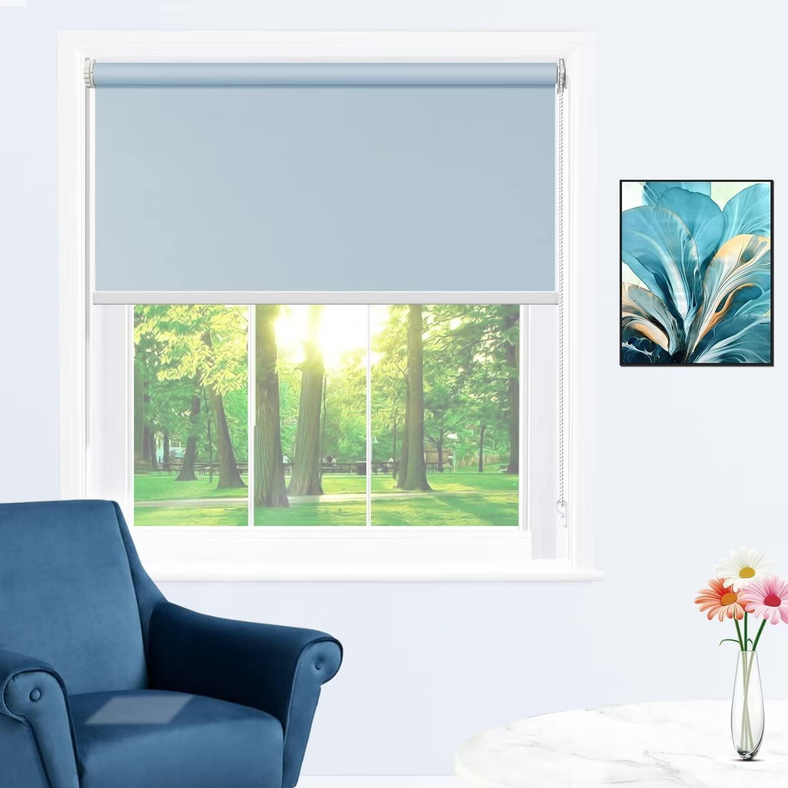 fhsblinds FHSBLINDS No Tool No Drill Blinds for Windows Roller Shades for Windows-Room Darkening Waterproof Blackout Custom Window Blinds & Shades for Home Kitchen Bedroom (Sky Blue 100% Blackout, 37"W x 48"H)