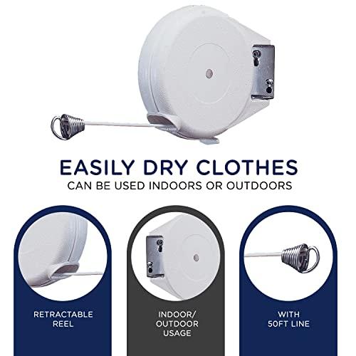 Strata Strata Heavy Duty Retractable Clothes line Outdoors and Indoors - 50 Feet Laundry Clothesline Cable for Drying Clothes and Linen - Retracting Clothesline Indoor Outdoor Dryer for Home (White)