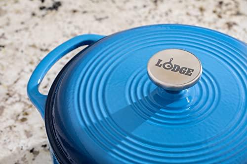 Lodge Lodge 4.5 Quart Enameled Cast Iron Dutch Oven with Lid Dual Handles Oven Safe up to 500 F or on Stovetop - Use to Marinate, Cook, Bake, Refrigerate and Serve Caribbean Blue