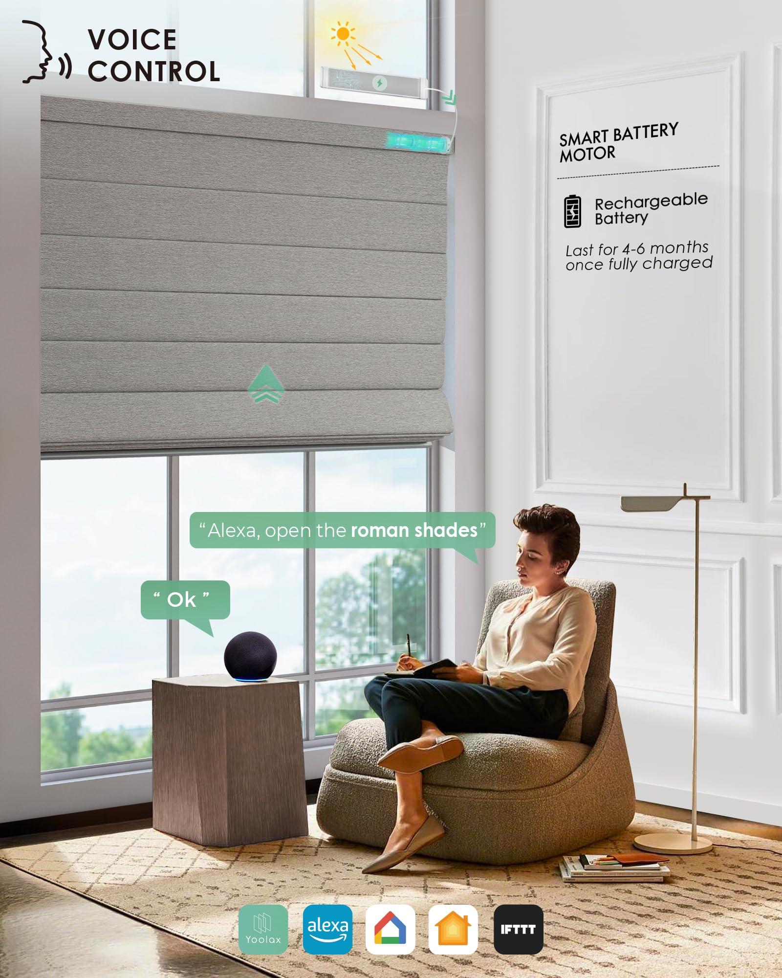 Yoolax Yoolax Motorized Roman Blinds with Remote, Roman Shades for Indoor Windows, Smart Blackout Blinds with Voice Control, Compatible with Alexa Google Home, APP Control, Custom Size, Wood Stripe