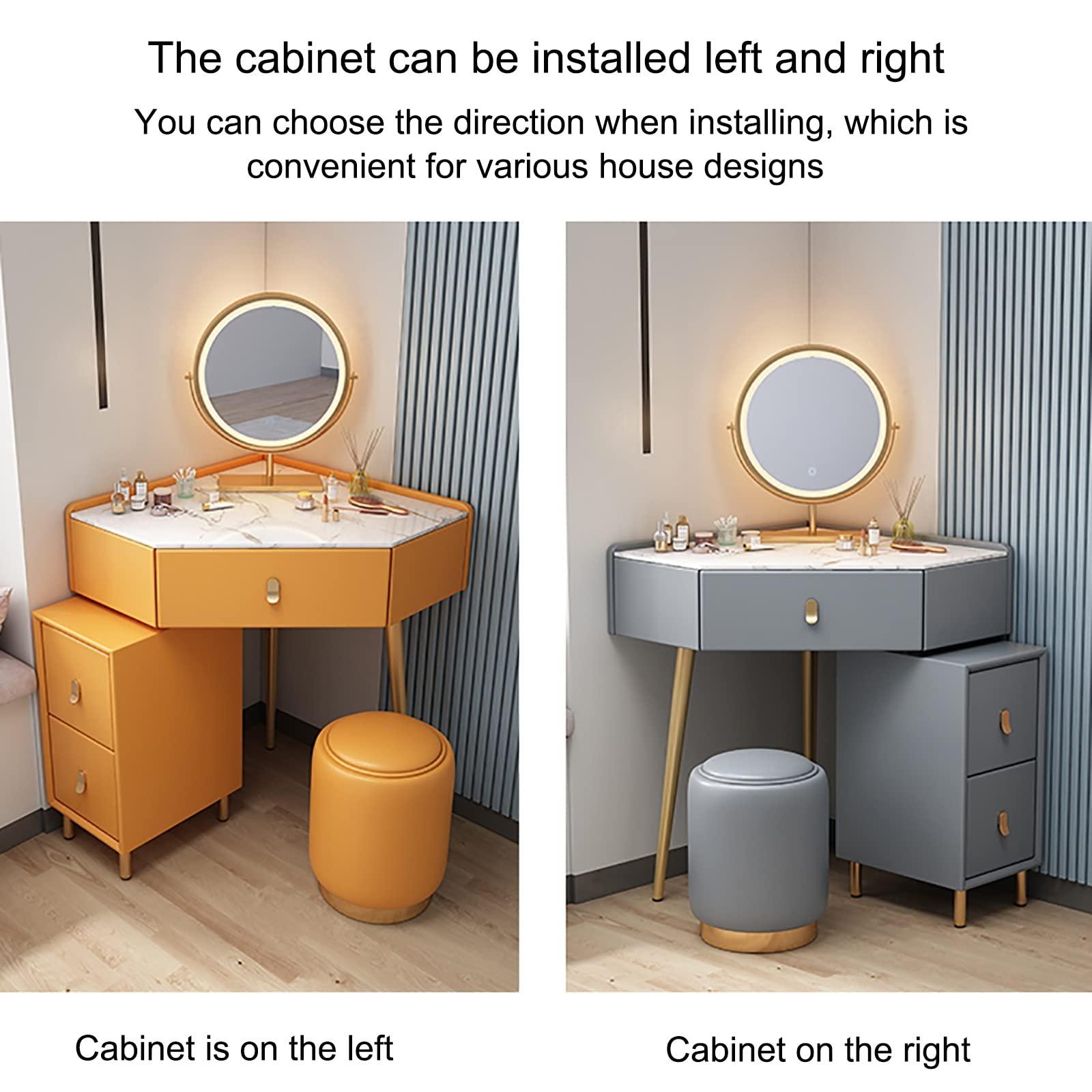 REALN REALN Corner Vanity Set with Lighted Mirror, Makeup Dressing Table with Drawers, Cabinet and Cushioned Stool, Girls Vanity Desk for Dressing Room, Bedroom (Color : Gray)