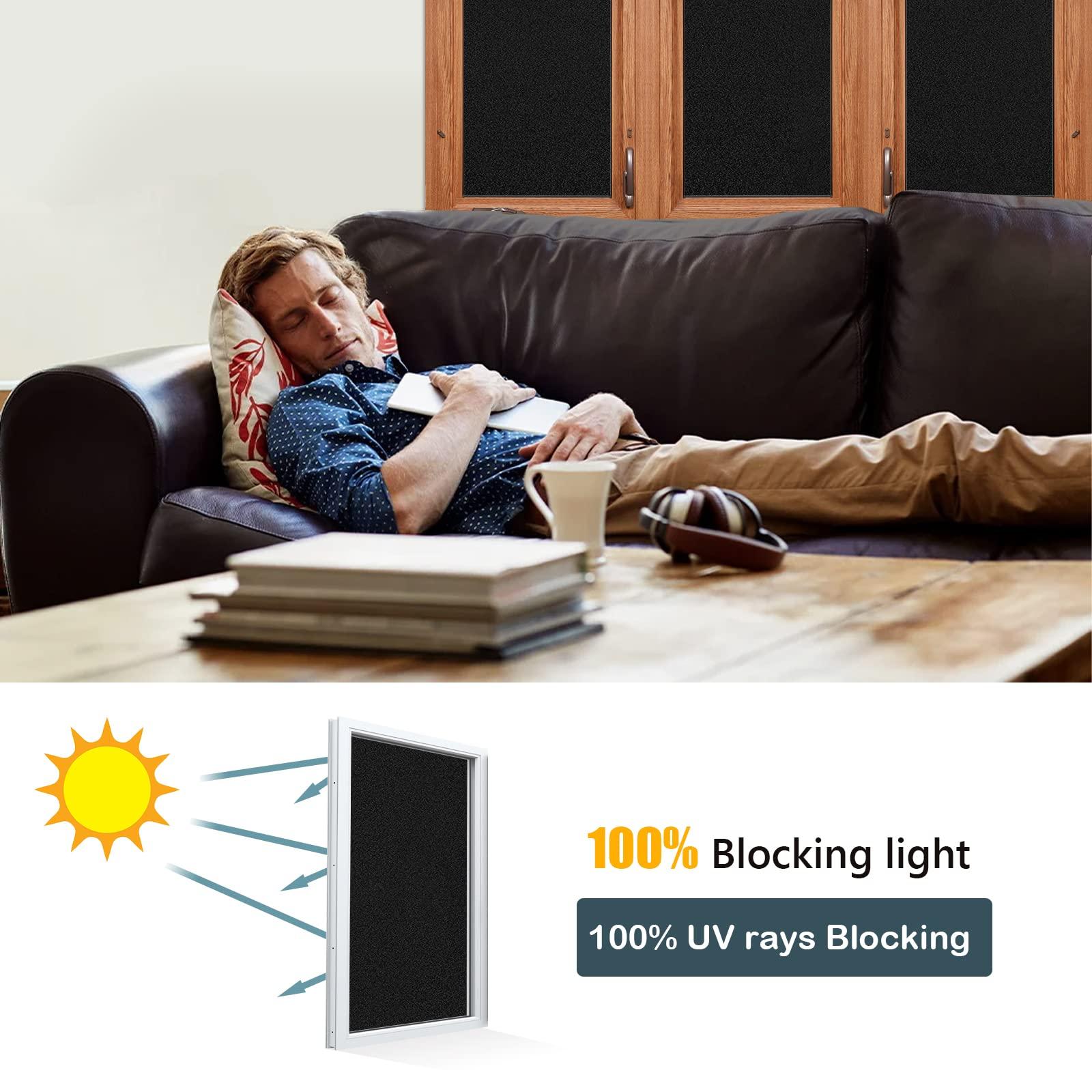 FILMGOO Total Blackout Window Privacy Film Day and Night 100% Light Blocking Static Cling Room Darkening Window Tint Black Door Stickers for Home Office, No Glue Anti-UV (Frosted-Black, 17.5 Inch x 7.8 Feet)