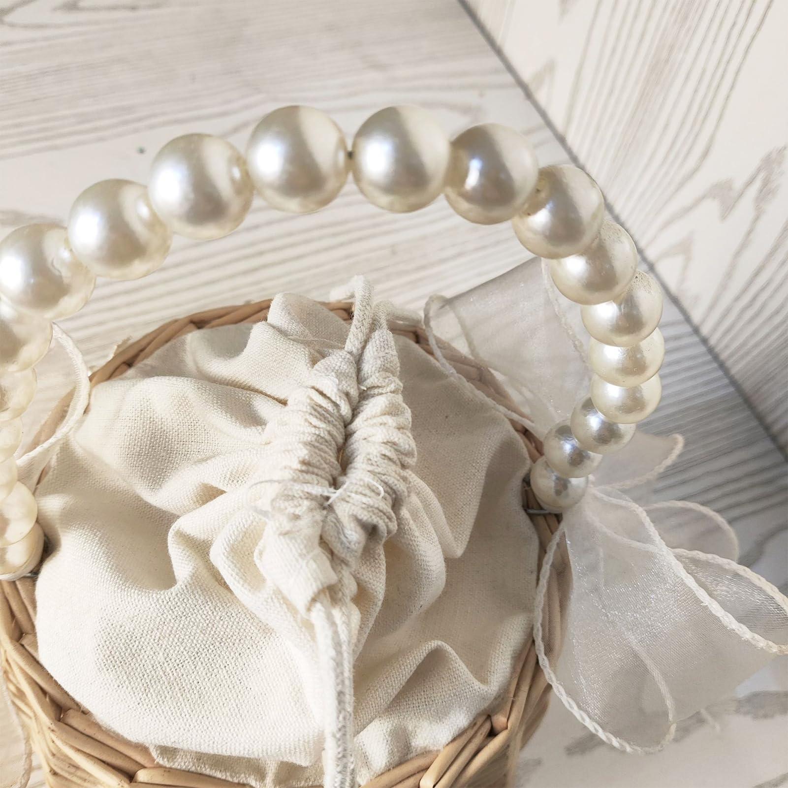 JUOPZKENN JUOPZKENN Rattan Flower Basket,Pearl Flower Girl Basket Rattan Basket Flower Girl Bag Rustic Flower Girl Basket Wicker Basket for Wedding Flower Girl Accessories(18cm / 7.1in-White 2)