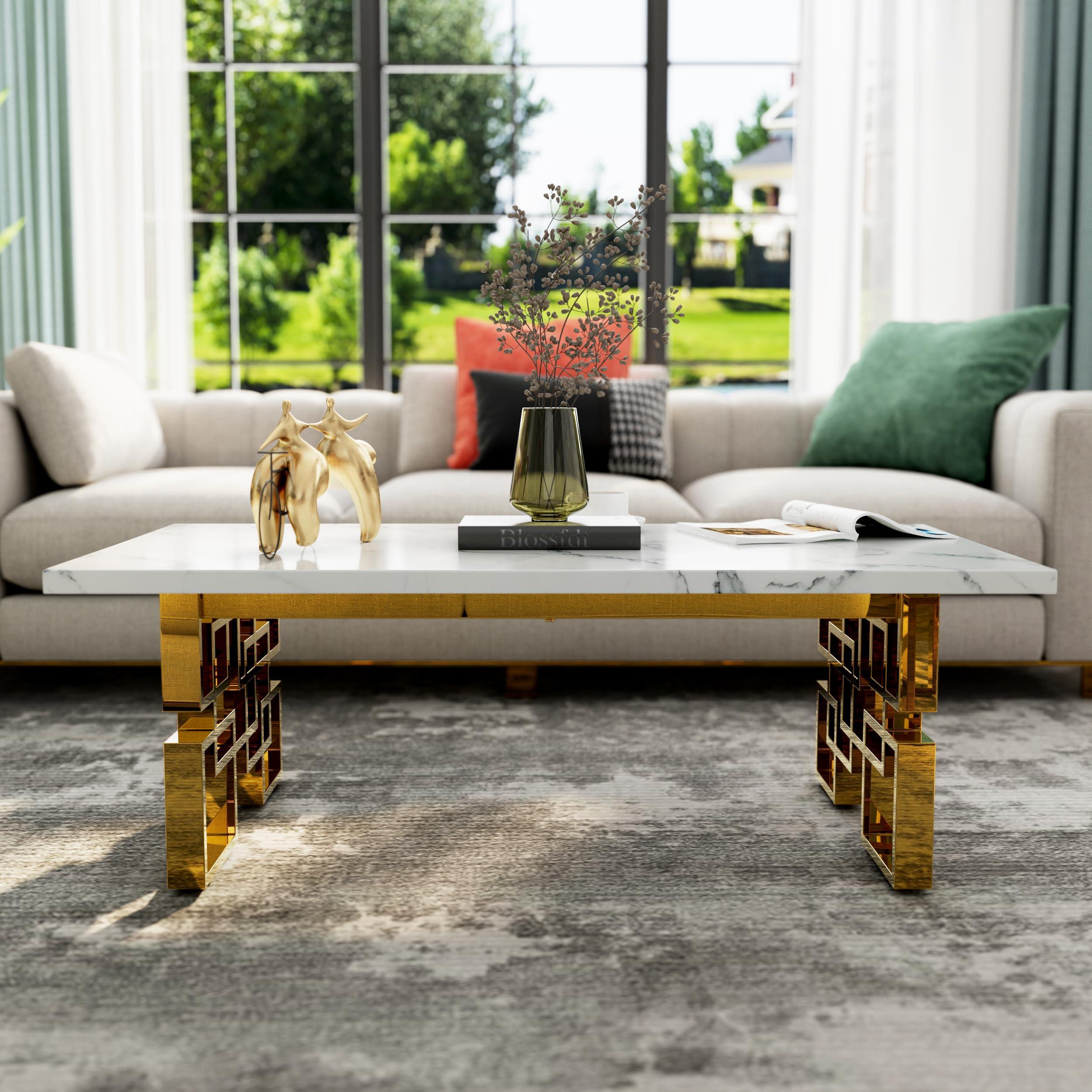 AUZ AUZ 2 Pieces Gold Living Room Table Sets, White and Gold Rectangle Living Room Coffee Tables with Geometric Base, White Coffee Table Set of 2