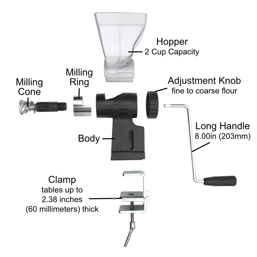 KITCHEN CROP Hand Crank Grain Mill Wheat Flour Grinder, Stainless Steel Metal Burrs (The Grain Mill)