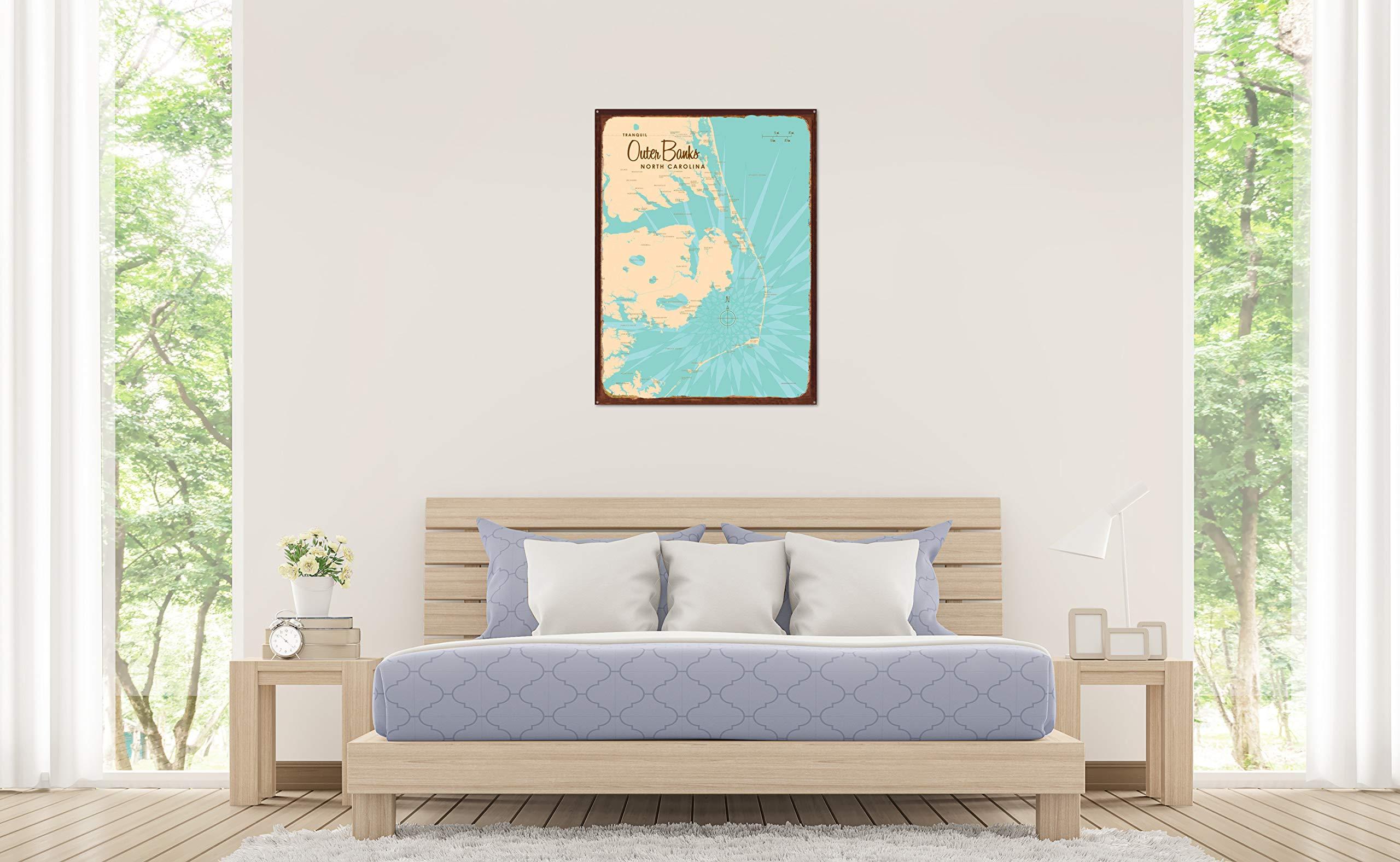 Art of Place Outer Banks North Carolina Map Rustic Metal Art Print from Illustration by Lakebound 17" x 23"