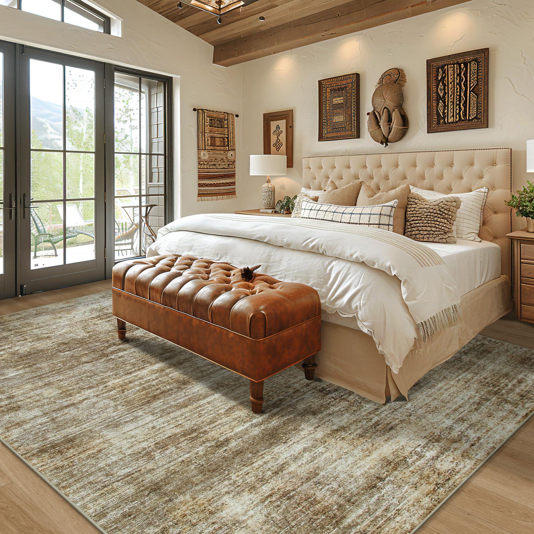 Tosuoka Area Rug 9x12 Washable Rugs: Abstract Large Living Room Rugs with Non-Slip Backing, Thin Carpet for Dining Room Table Bedroom Nursery Indoor Home Office-Brown