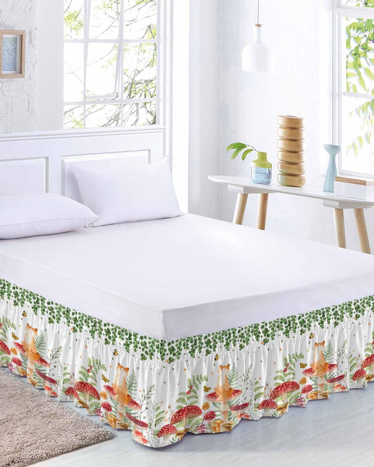 RisQiten RisQiten Mushroom Bed Skirt Queen Size 18 Inch Drop, Adjustable Elastic Bedskirt Dust Ruffle for Queen Bed, Spring Summer Botanical Eucalyptus Leaves Wrap Around Bed Skirts Pleated Bed Frame Cover