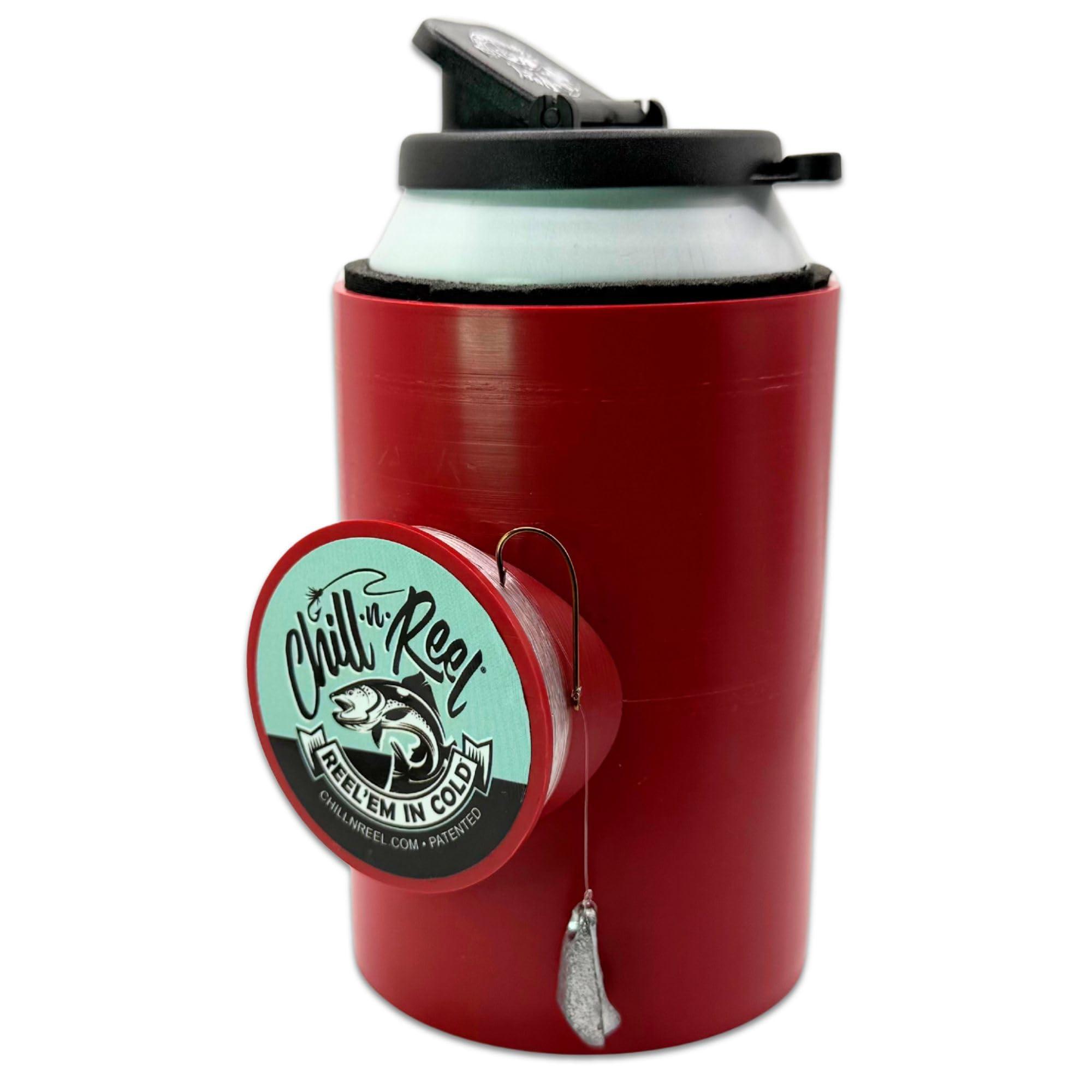Chill-N-Reel Chill-N-Reel Fishing Can Cooler (from Shark Tank) | Hard Shell Drink Holder with Hand Line Reel Attached | Fits Standard Insulator Sleeves or Coozies | Unique Fun Fishing Gift (Crimson & Spill Guard)