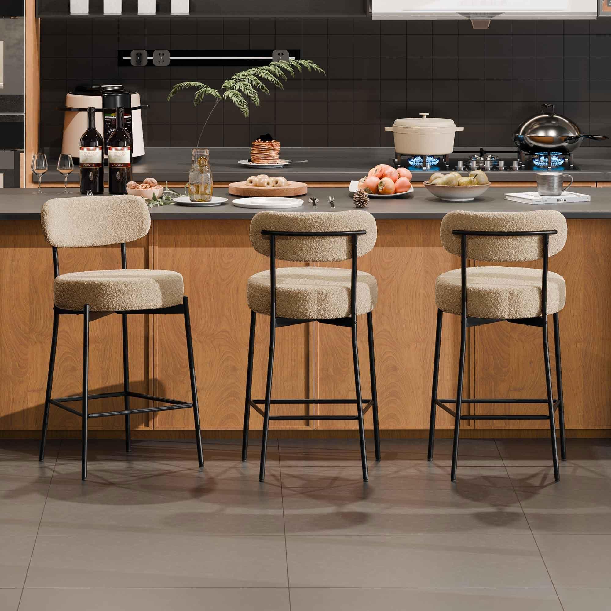 DYHOME DYHOME Bar Stools Set of 3, 24 Inches Modern Counter Height Bar Stools with Curved Back Metal Legs, Beige Upholstered Boucle Barstools for Kitchen Island, Cafe