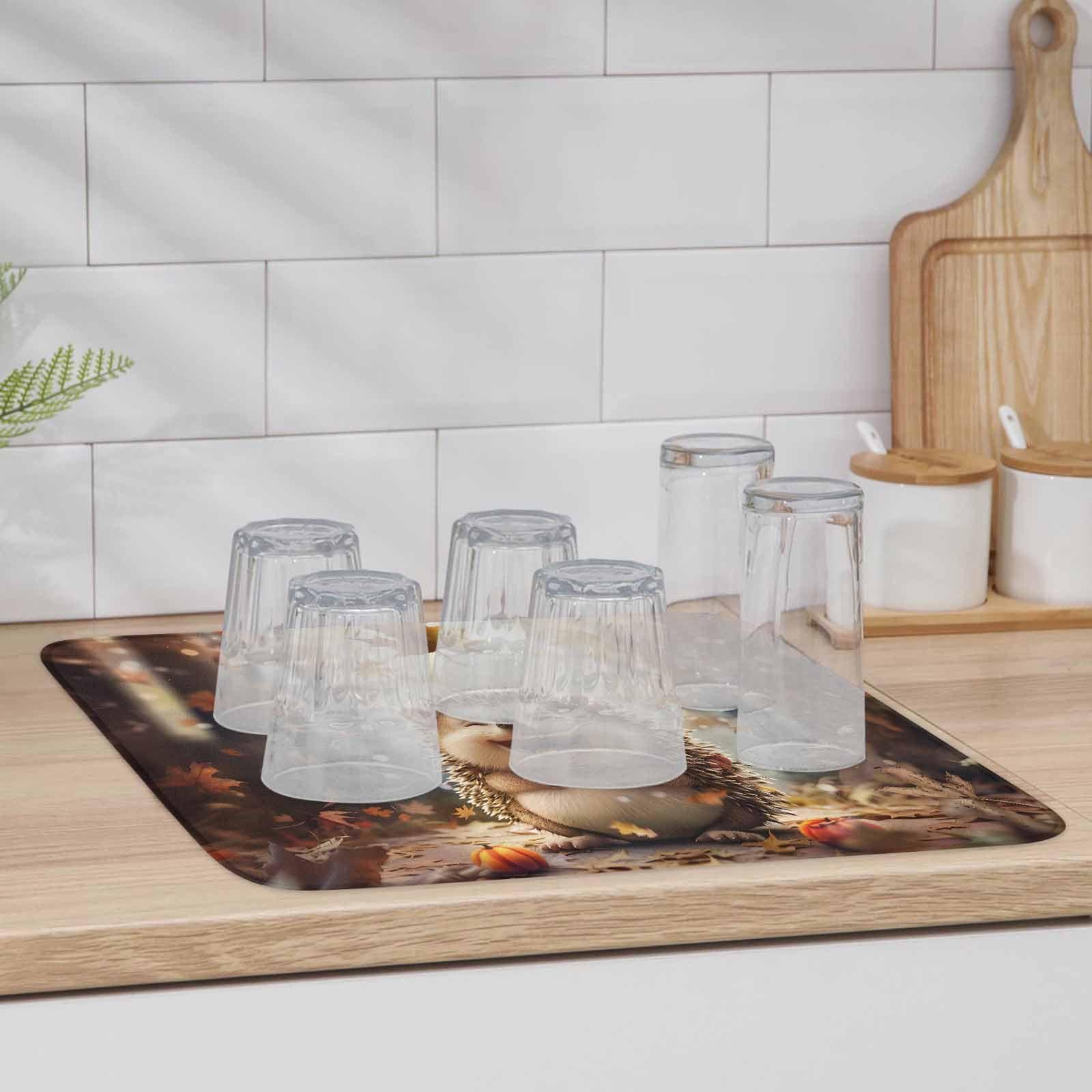 ALAGEO Fall Dish Drying Mat for Kitchen 16x18 Inch Smile Hedgehog Absorbent Reversible Microfiber Dish Drying Pad Dish Rack Drainer Mats Pumpkin Maple Leaves Forest Thanksgiving Kitchen Counter Accessories