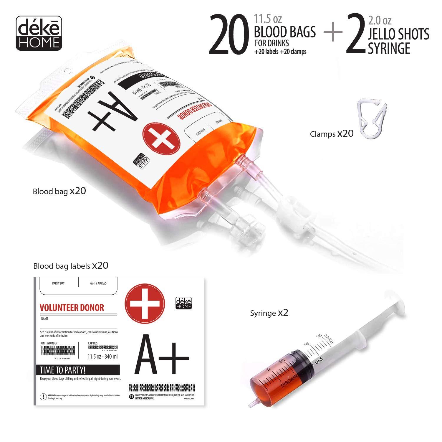 Deke Home Deke Home - Fake IV Blood Bags for Drinks with Extra Syringe, Labels & Clips. Reusable Blood Bag. Drink Pouches. Food Grade, Perfect for Halloween, Party and Decor (Pack of 20, 20, Count)