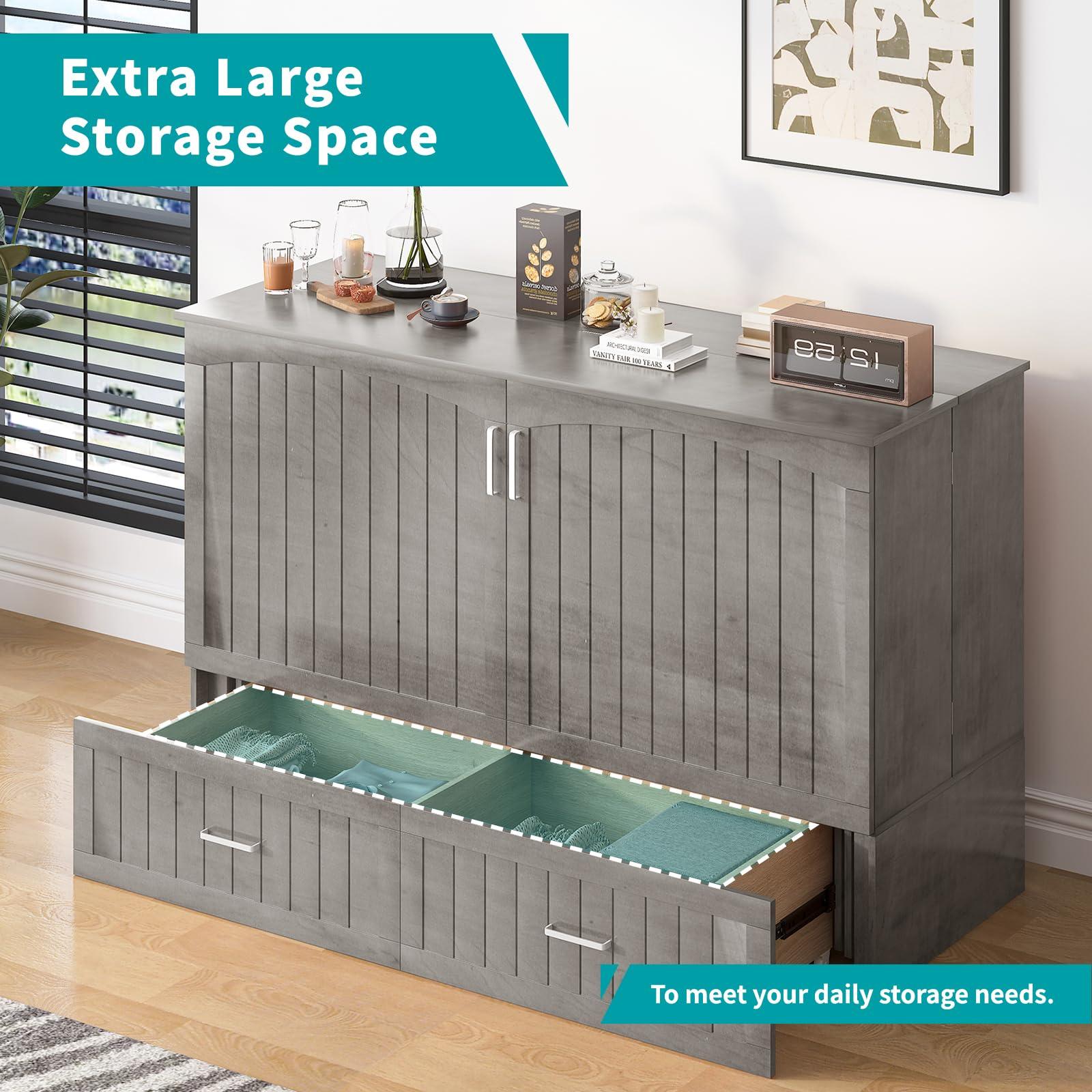 BALUS BALUS 64\" W Murphy Bed Cabinet with Mattress,Murphy Bed Queen,Modern Muti-Functional Cube Cabinet Bed 2 Large Drawers&3 Level Folding Foam Mattress for Living Room/Apartment/Loft (Stone Grey)