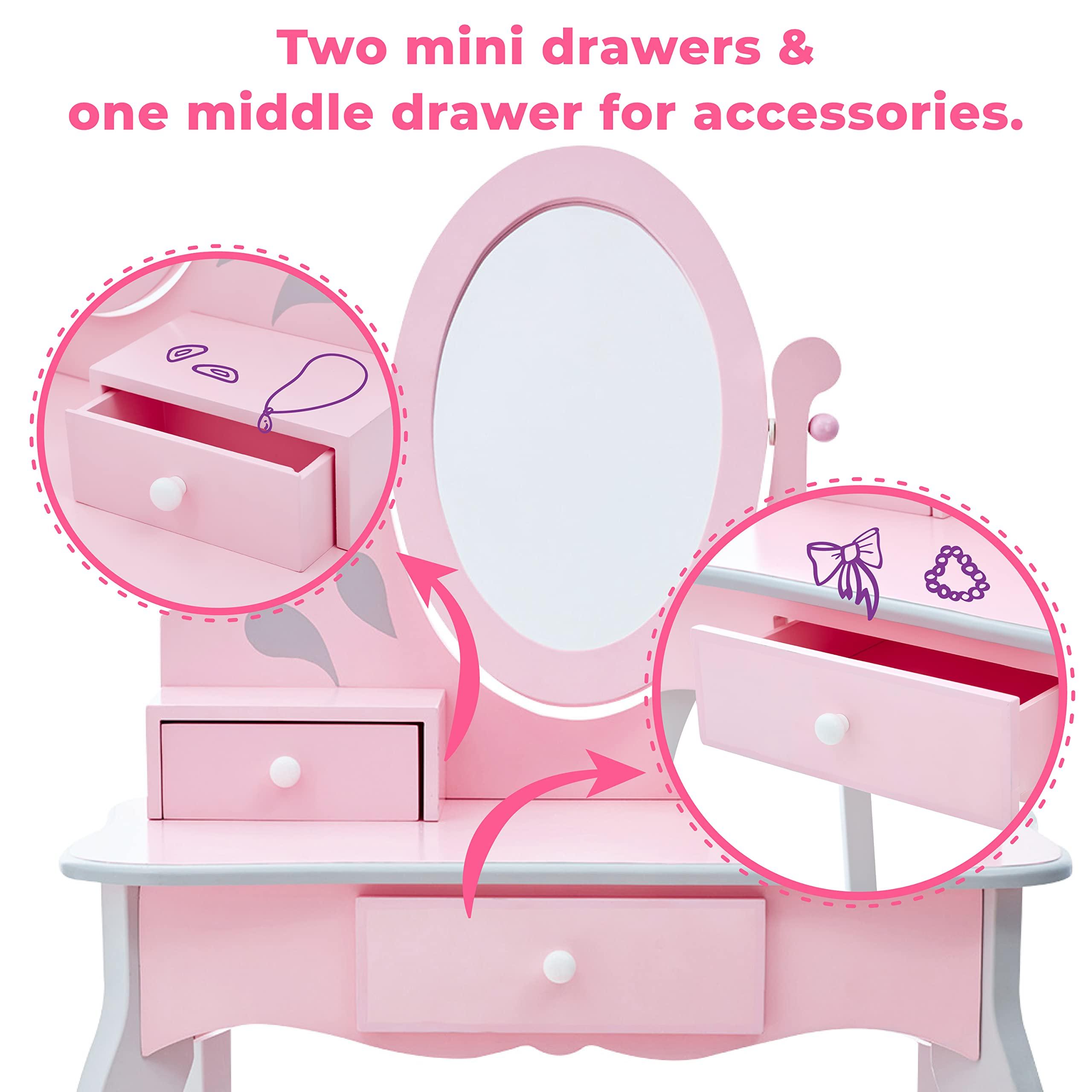 Teamson Kids Teamson Kids Princess Rapunzel Wooden 2-pc. Play Vanity Set with Three Storage Drawers, Rotating Oval Mirror and Matching Stool to Play Dress-Up, Princess or Beauty Salon, Pink and Gray