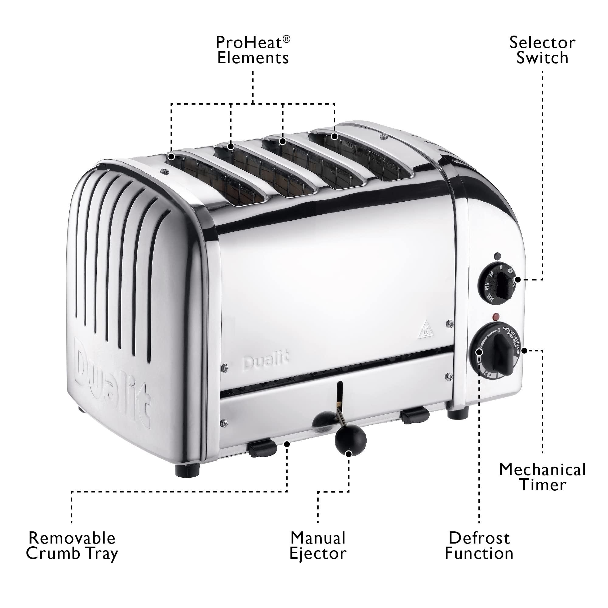 Dualit Dualit Classic 4 Slice NewGen Toaster - Stainless Steel - Hand Built in the UK - Replaceable ProHeat elements - Defrost Bread - Mechanical Timer - Polished Classic Toaster