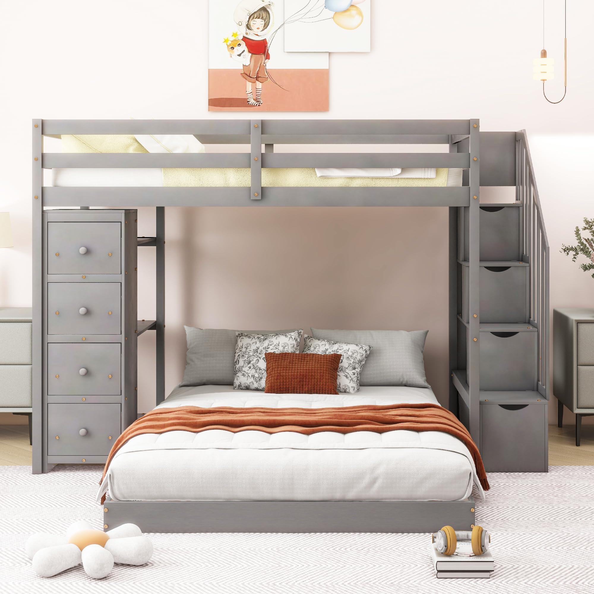 JIVOIT Muti-functional Bunk Bed with 3-Layer Shelves, Drawers and Storage Stairs, Twin Over Full Bunk Bed with Guardrails, Twin Loft Bed with Separate Platform Bed for Kids Teens (Gray,3-layer Shelves,73)