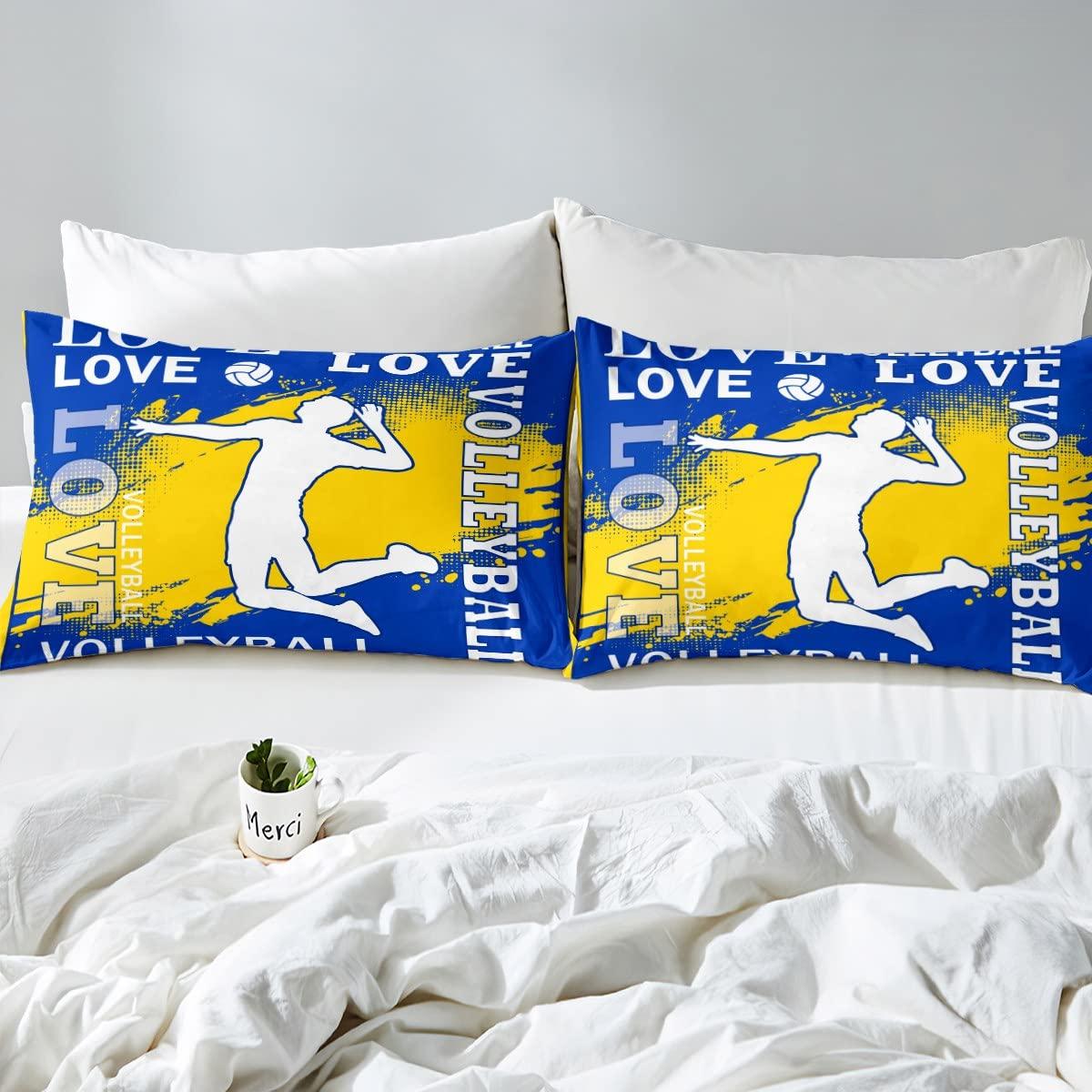 Homewish Volleyball Player Kids Sheet King Size,Sports Games Competition Lover Bedding Set,Girls Boys Adults Room Decor,Yellow Graffiti Fashion Blue Chic Bed Sheet Set 4pcs(Fitted + Flat + 2 Pillowcases)