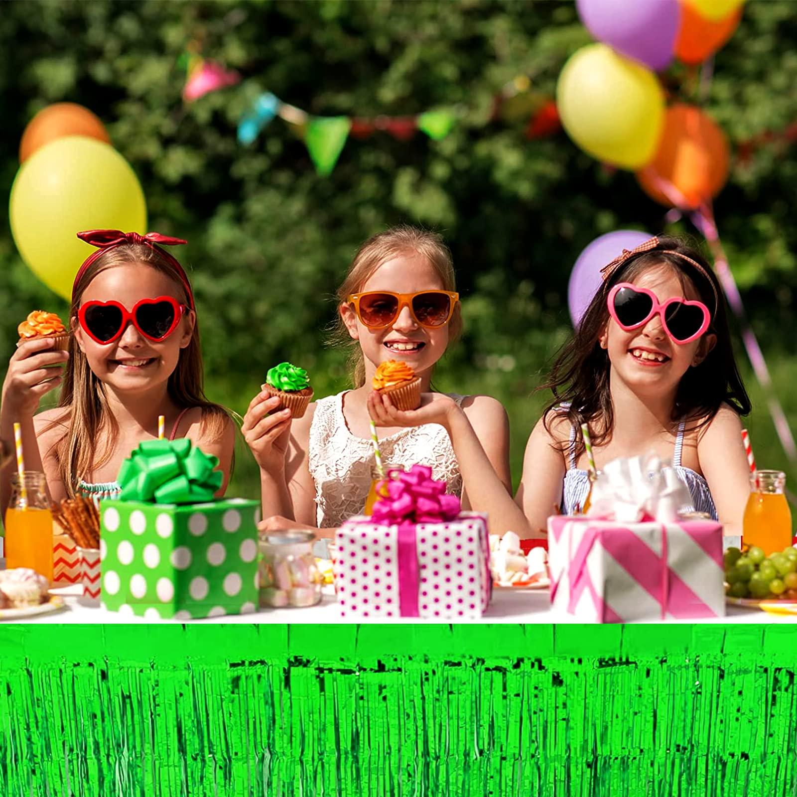 Clayghsen 4 Pack 29x108 Inch Metallic Foil Fringe Tinsel Table Skirts for Rectangle Tables Streamer Curtains Backdrop for Wedding, Birthday, Parade Floats, Christmas, Halloween Party Decoration(Green)