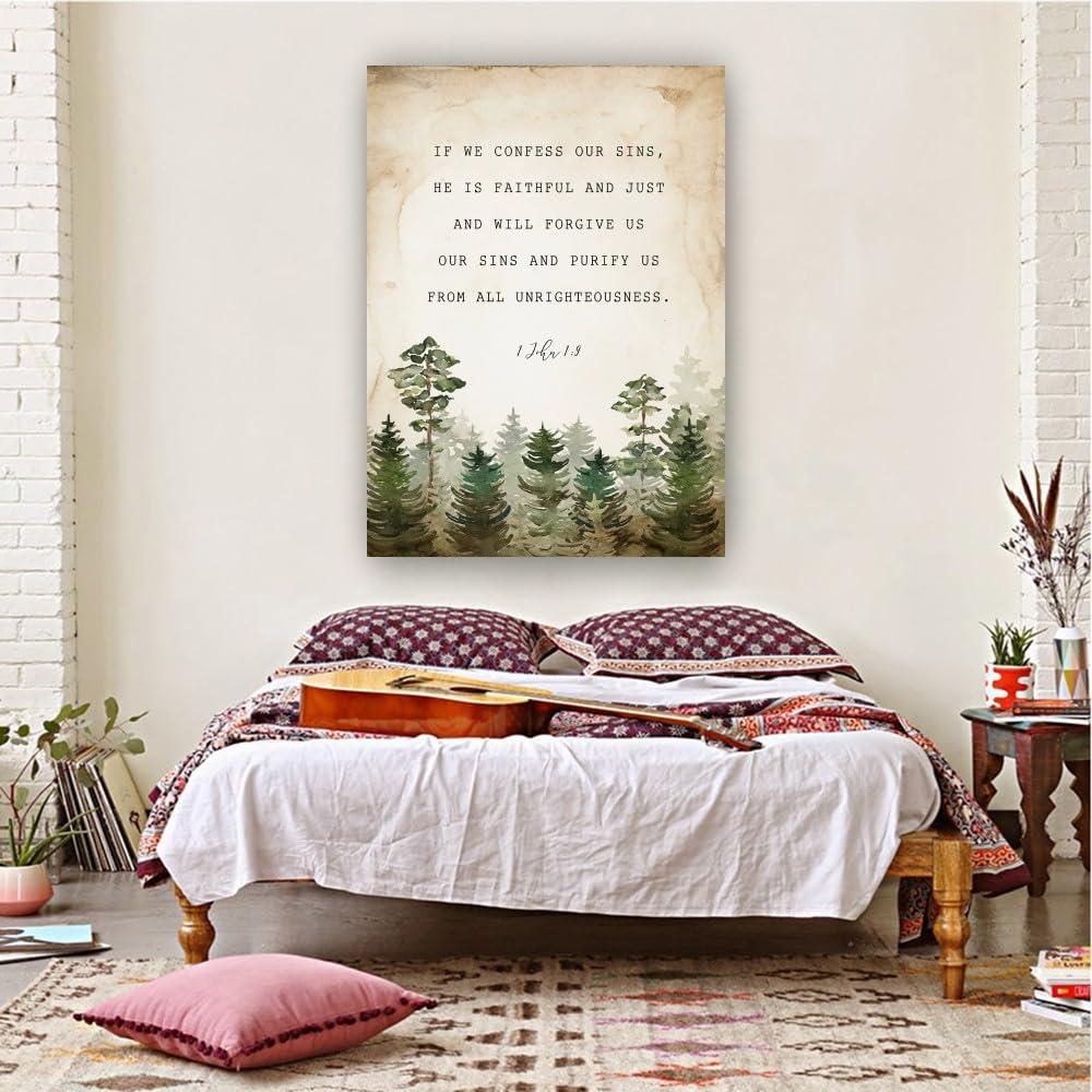 Liuannx Liuannx 1 John 1 9 Bible Scripture Wall Art Prints If We Confess Our Sins Bible Verse Posters Picture Canvas Bedroom Decoration Home (24.00\'\'x36.00\'\',Framed)