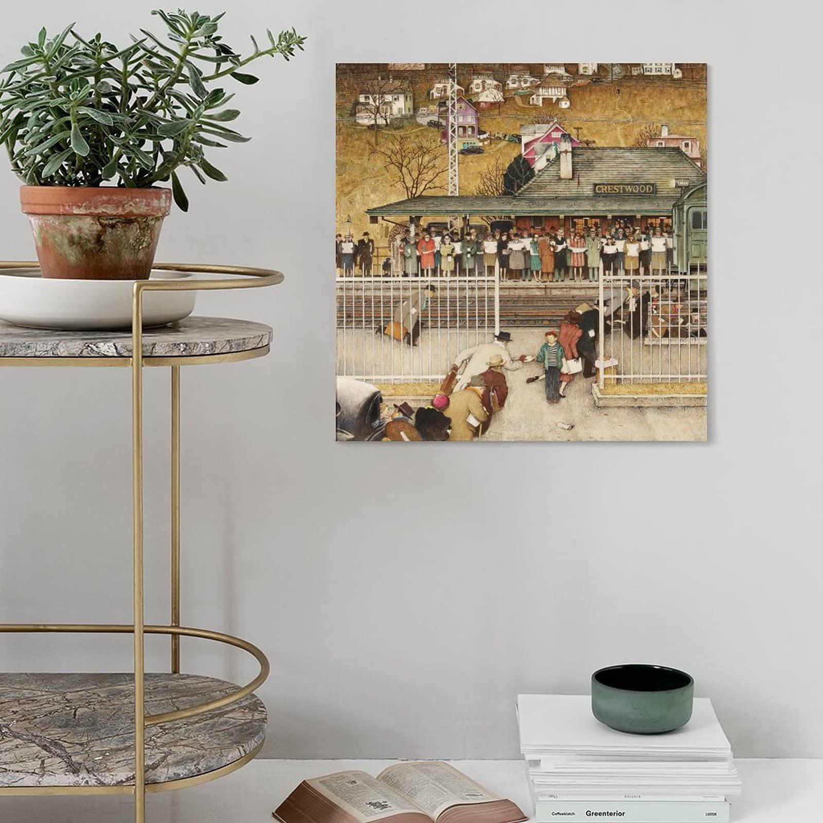 NIZHNAO 35+ Norman Rockwell Illustration Crestwood Train Station, 1946 by Norman Rockwell American Retro Poster Decorative Painting Canvas Wall Art Living Room Posters Bedroom Painting 28x28inch(70x70cm)