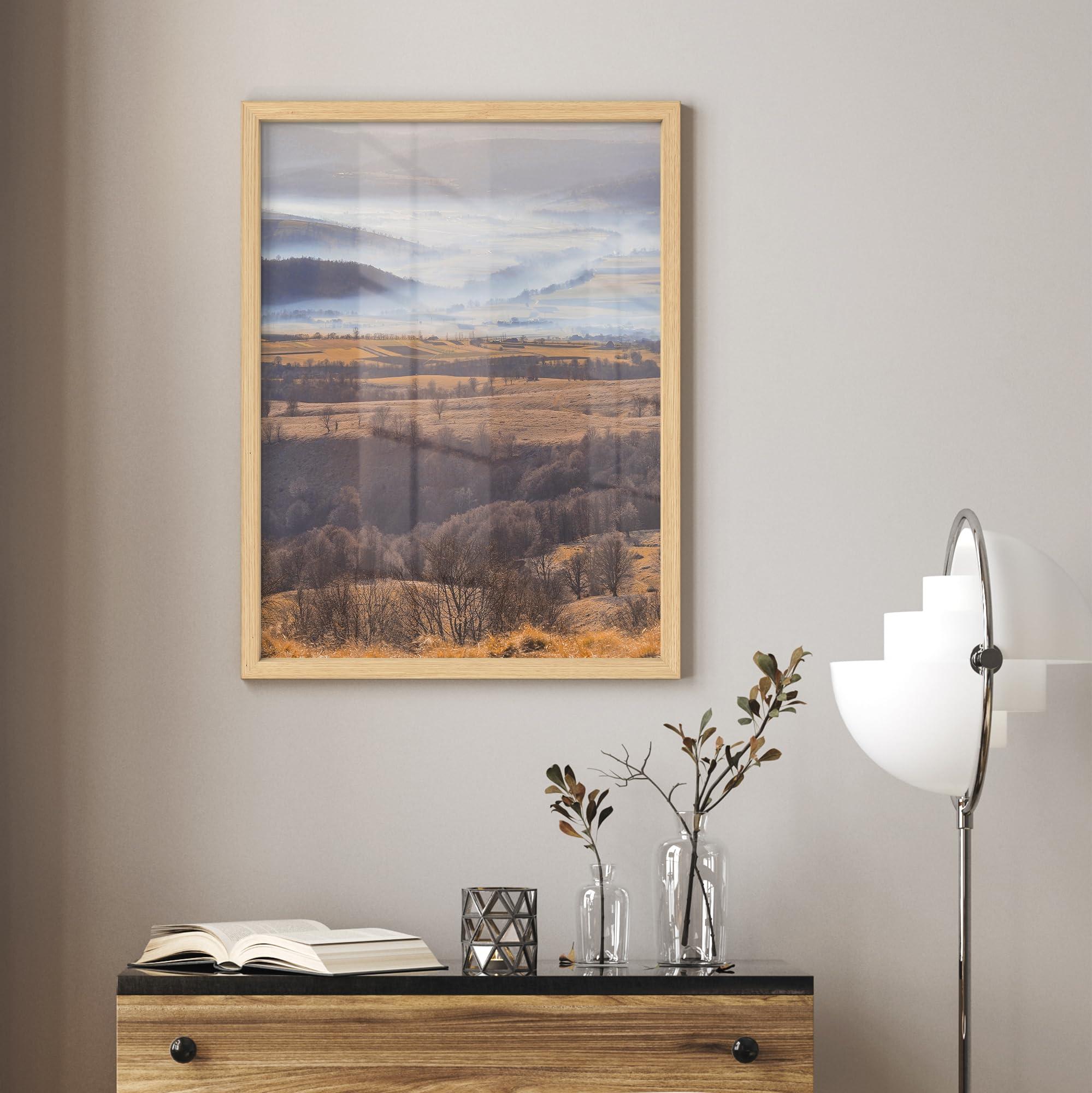 SIGNLEADER SIGNLEADER Framed Wall Art Print Clouds Autumn Mountain Forest Landscape Nature Illustration Decorative Country/Farmhouse Rustic Cozy Zen for Living Room, Bedroom, Office - 8\"x10\" Natural