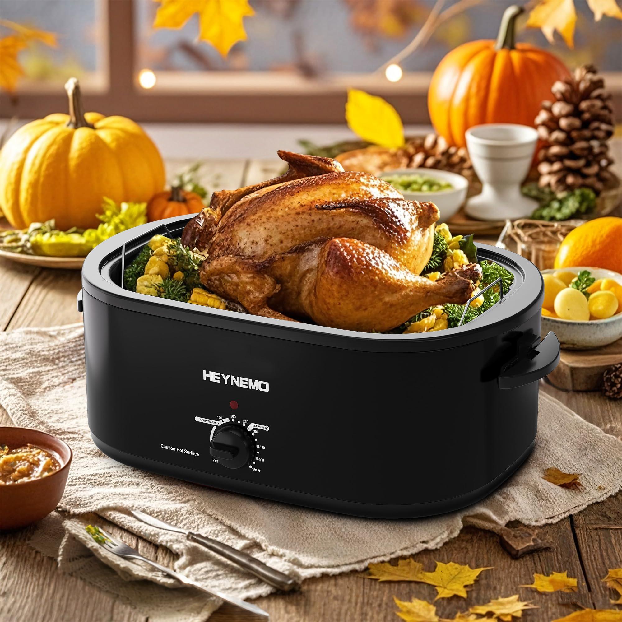Kiss the Water 24 Quart Electric Roaster Oven with Visible & Self-Basting Lid, Large Turkey Roaster with Defrost Warm Function, Adjustable Temperature, Removable Pan Rack, Stainless Steel
