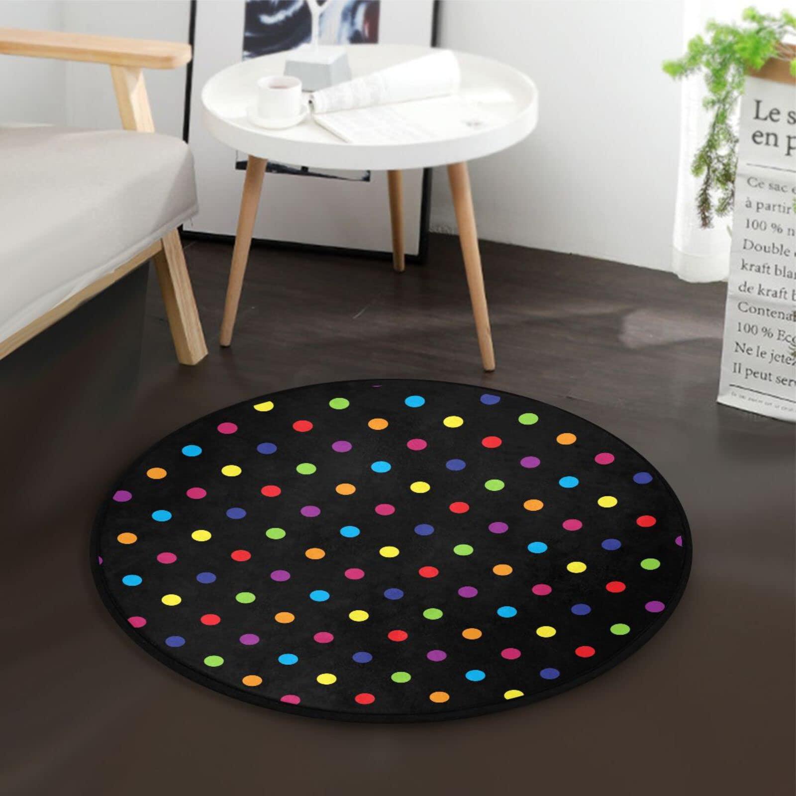 WIHVE Round Area Rug 3 Ft Colorful Polka Dot Black Non-Slip Floor Mat for Entryway Bedrooms Laundry Room Decor