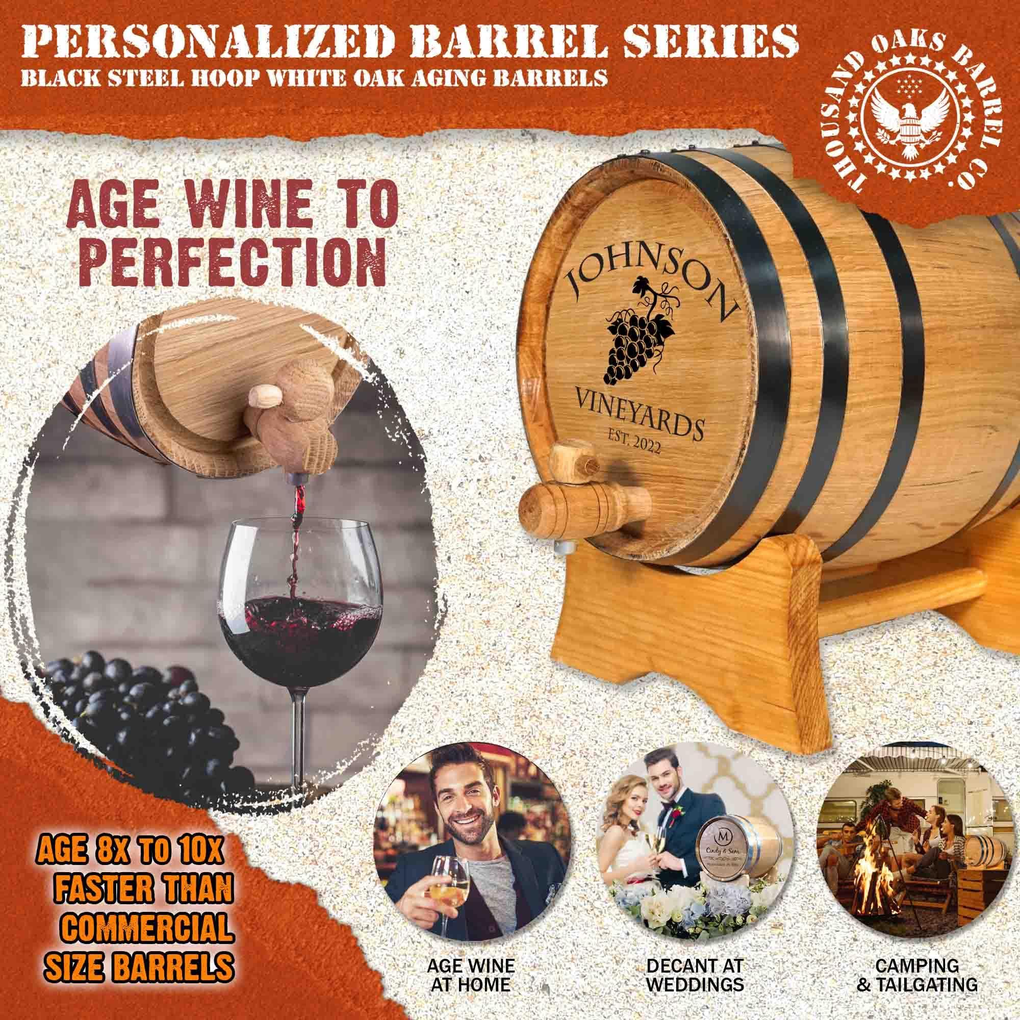 THOUSAND OAKS BARREL Personalized 5 Liter Oak Wine Barrel (1 gallon) with Stand, Bung, and Spigot | Age Cocktails, Bourbon, Whiskey, Beer and More! | Engraved Custom Wine Barrel (V16) Design
