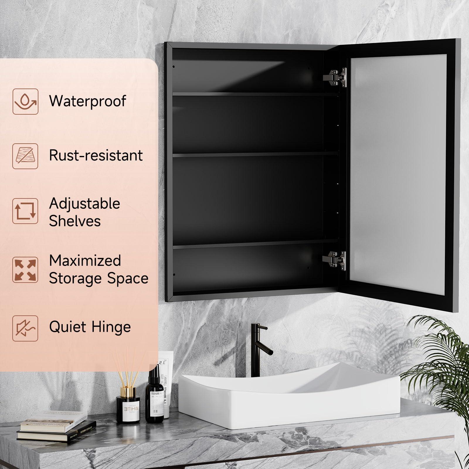 BOHMIROO BOHMIROO 24x30 Inch Medicine Cabinet Mirror Black Bathroom Medicine Cabinet with Vanity Mirror Recessed Medicine Cabinet Surface Mount Matte Aluminum Alloy Framed Vanity Mirror with Storage Cabinet