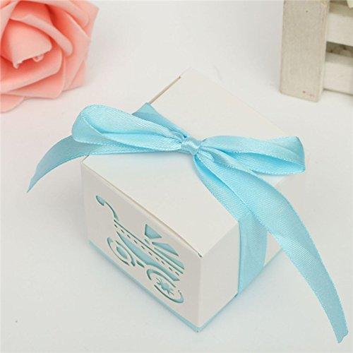 Zopria Zorpia New 50Pcs Party Gift Laser Cut Baby Shower Candy Ribbon Boxes Carriage Shower Favor Bomboniere Wedding Anniversary ZRA0168901 (Sky Blue)