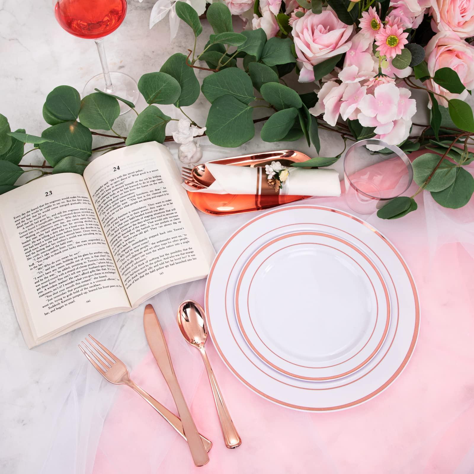 WELLIFE WELLIFE 350 Pieces Valentines Rose Gold Plastic Dinnerware, 50 Guests Disposable Plates with Rose Gold silverware and Cups, 50 Pre Rolled Napkins with Rose Gold Cutlery, Perfect for Wedding and Party