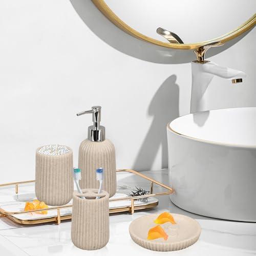 Tefola Tefola Beige Bathroom Accessories Set, 4 Pcs Resin Gift Set Apartment Necessities with Soap Dispenser,Toothbrush Holder,Bathroom Tumbler,Soap Dish for Vanity Countertop Accessories