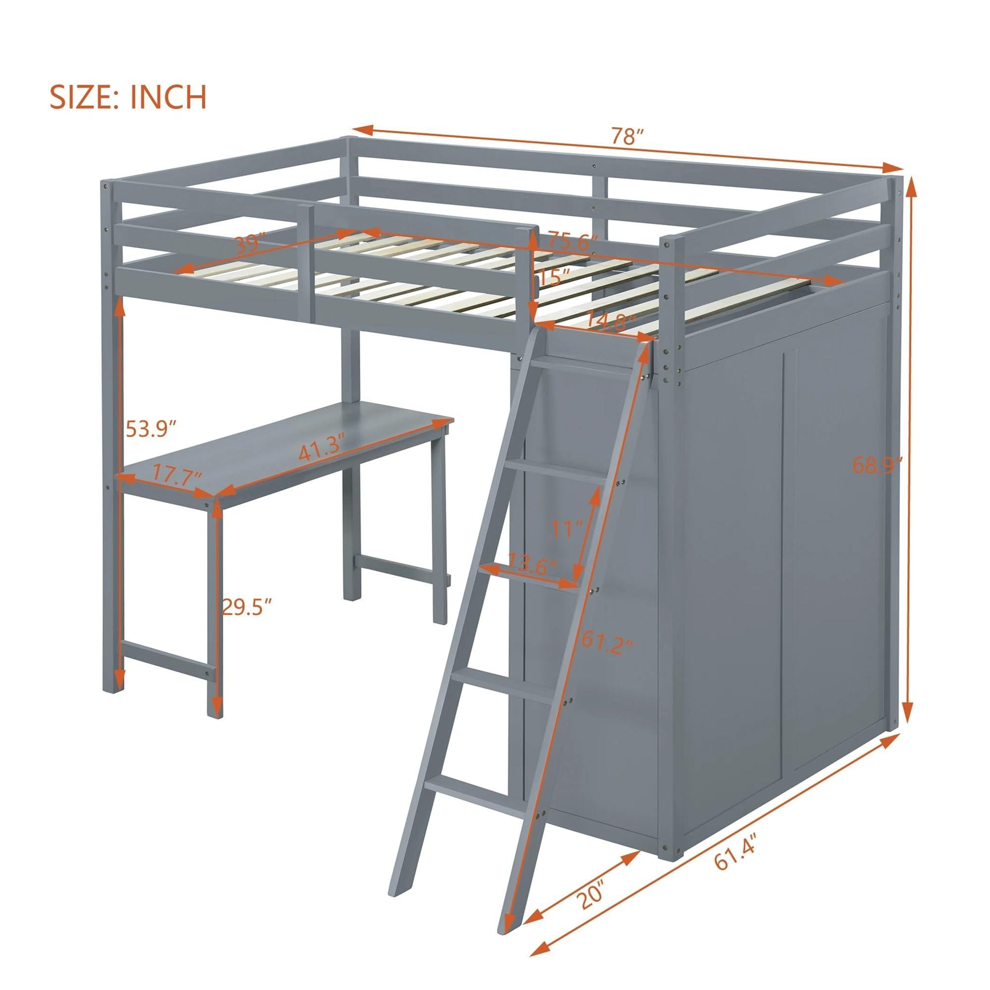 PAHKEN PAHKEN Wood Loft Bed with Wardrobe and Desk,Twin Bed Frame