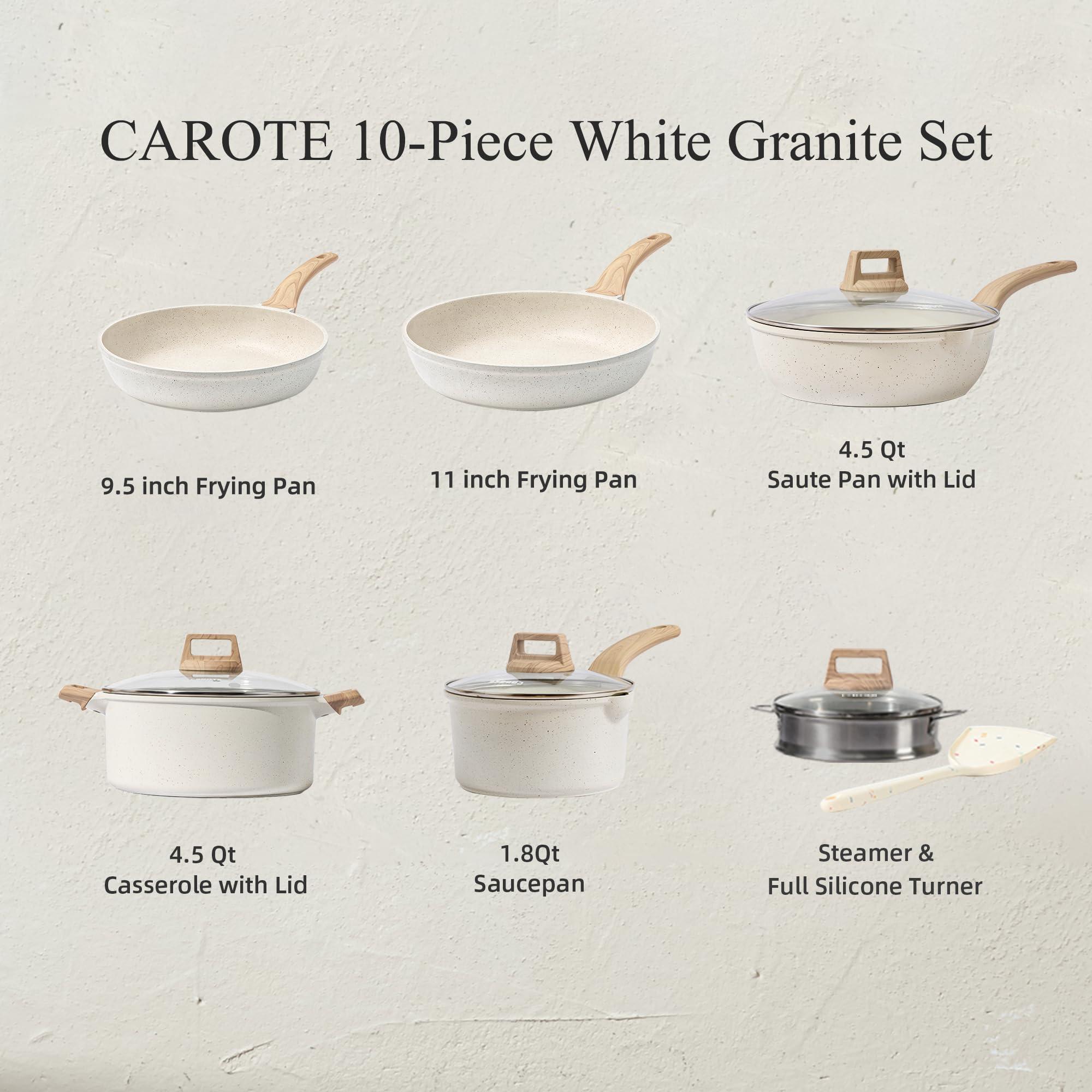 CAROTE CAROTE Pots and Pans Set Nonstick, White Granite Induction Kitchen Cookware Set, 10 Pcs Non Stick Cooking Set w/Frying Pans & Saucepans(PFOS, PFOA Free)