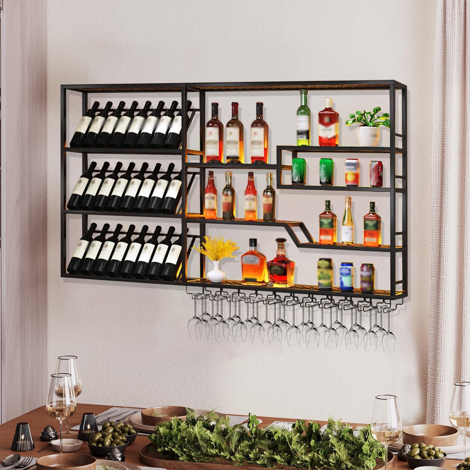 Takpylia Takpylia Metal Wall Mounted Wine Rack, Bottle Glass Holder Display Shelf Decorative Bar Shelves, Bar Liquor Wine Glass Rack, Modern Wine Storage Organizer, Wine Bottle Shelf (A, 160cm/62.9in)