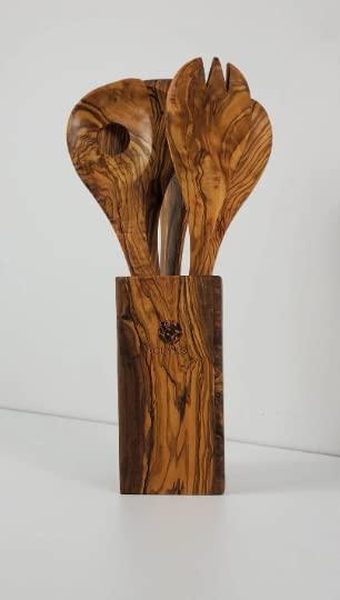 OLIVIKO OLIVIKO 100% Handmade Olive Wood Utensils Kit of 5 Utensils and Holder + Salad serving set + 1 Spatula + 2 Spoon Olive Wood