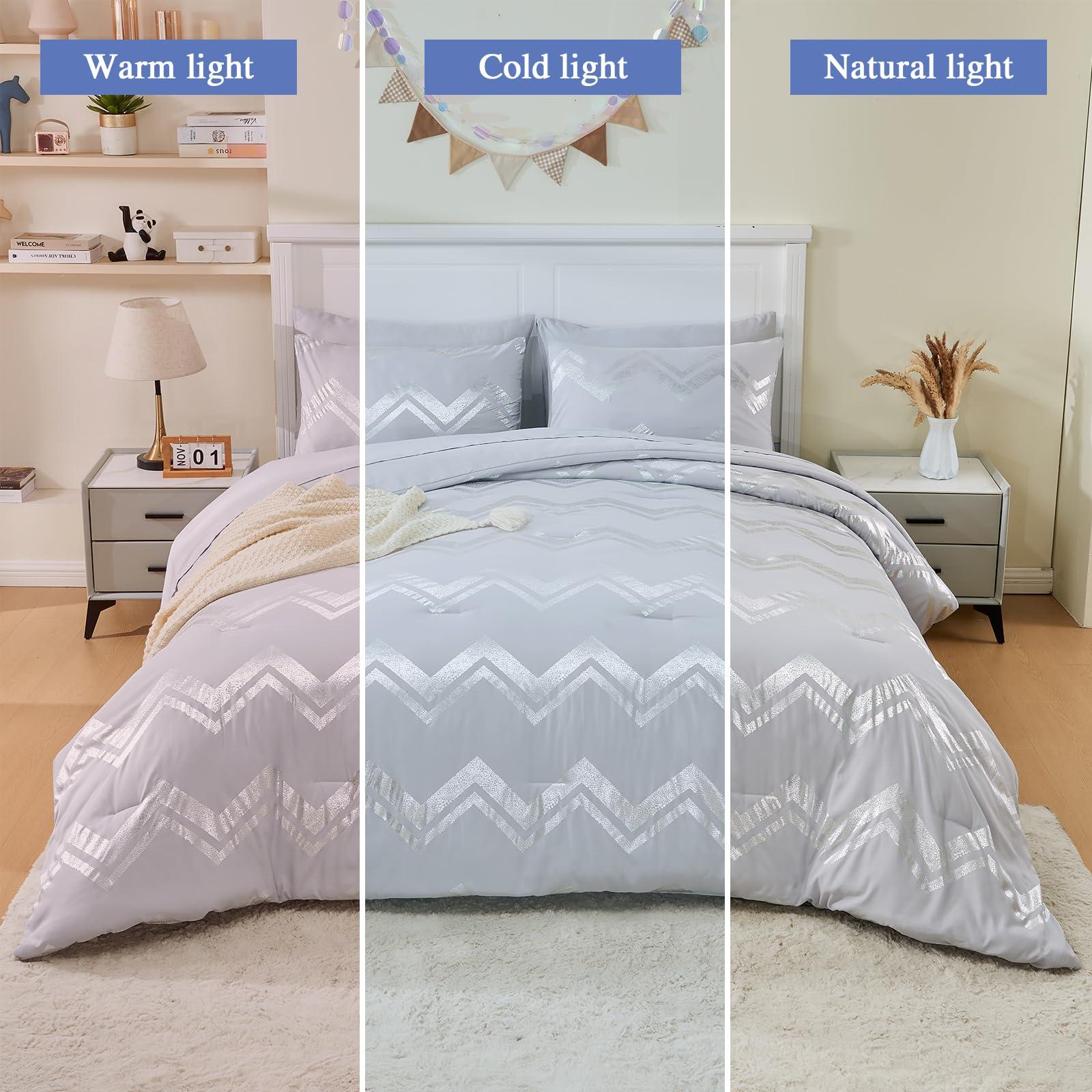 Wowelife Wowelife 6 Pieces Silver Grey Twin Comforter Set Gray Kids Twin XL Comforter Bedding Sets College Dorm for Girls & Boys Bed in A Bag Glitter with Sheets for Kids, 2 Pillow Shams and 1 Pillow Case