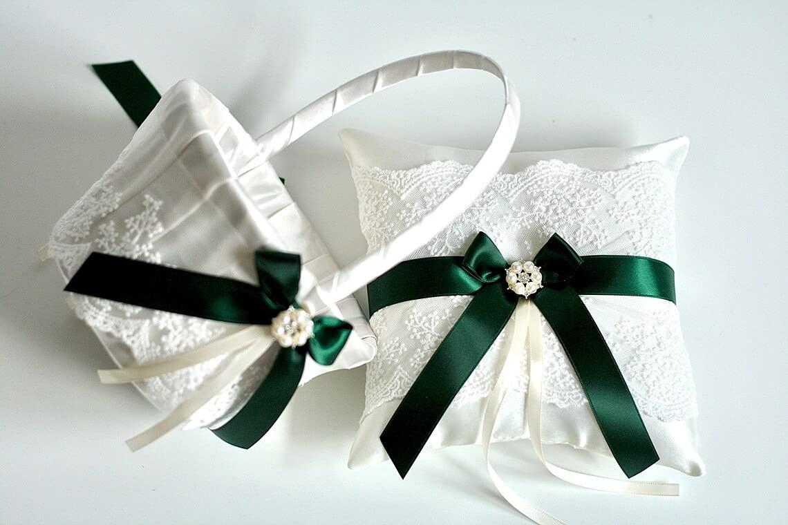Alex Emotions Flower Girl Basket Hunter Green, Ring Bearer Pillow Ivory and Lace Flower Basket, Wedding Ring Pillow Wedding, wedding flower girl baskets (Off-White, 1 Pillow + 1 Basket)