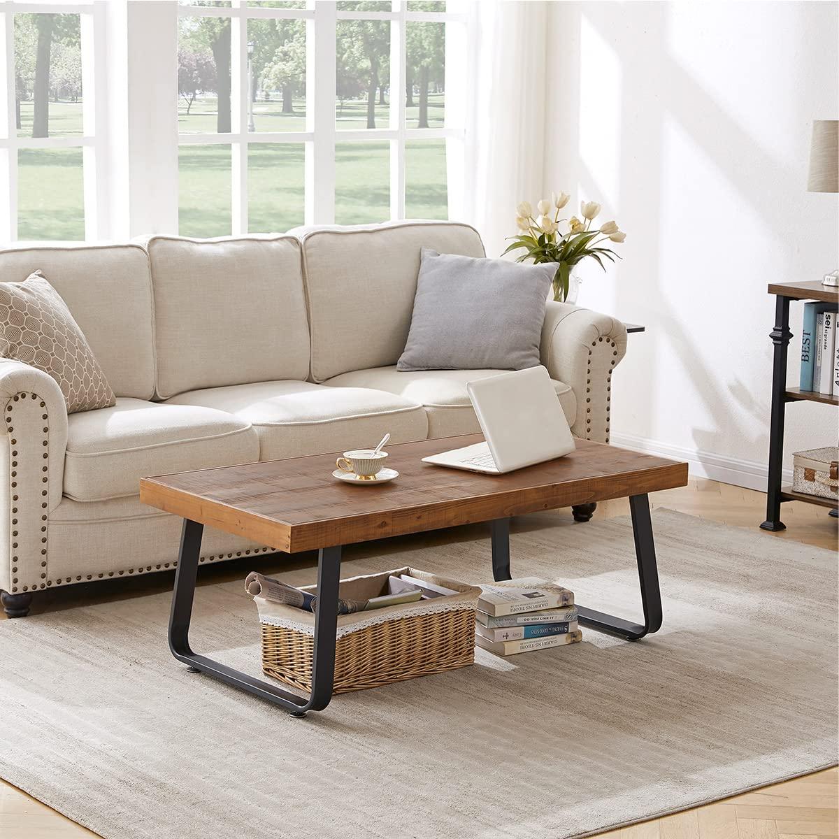 IBF IBF Natural Wood Coffee Table, Rustic Solid Real Wood Center Table for Living Room, Rectangle Metal Modern Industrial Minimalist Wooden Cocktail/Tea Table, Rustic Brown, 47 Inch