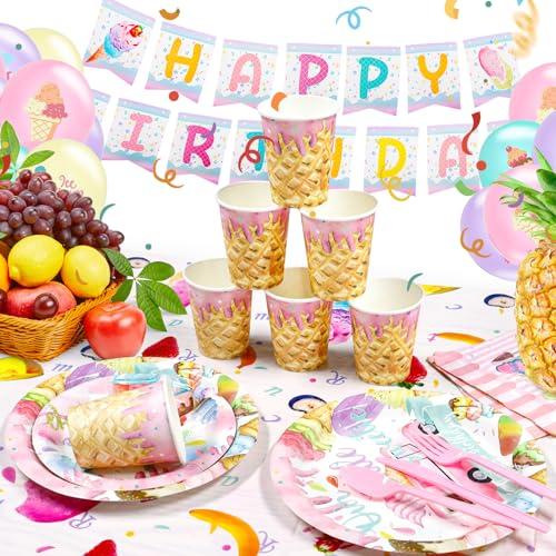 Qonmpcvu Qonmpcvu 183 PCS Ice Cream Party Decorations, Ice Cream Birthday Party Supplies, Ice Cream Party Supplies Set, Ice Cream Backdrop Tablecloth With Vibrant Paper Plates, Napkins, Cups Serve 20 Guests