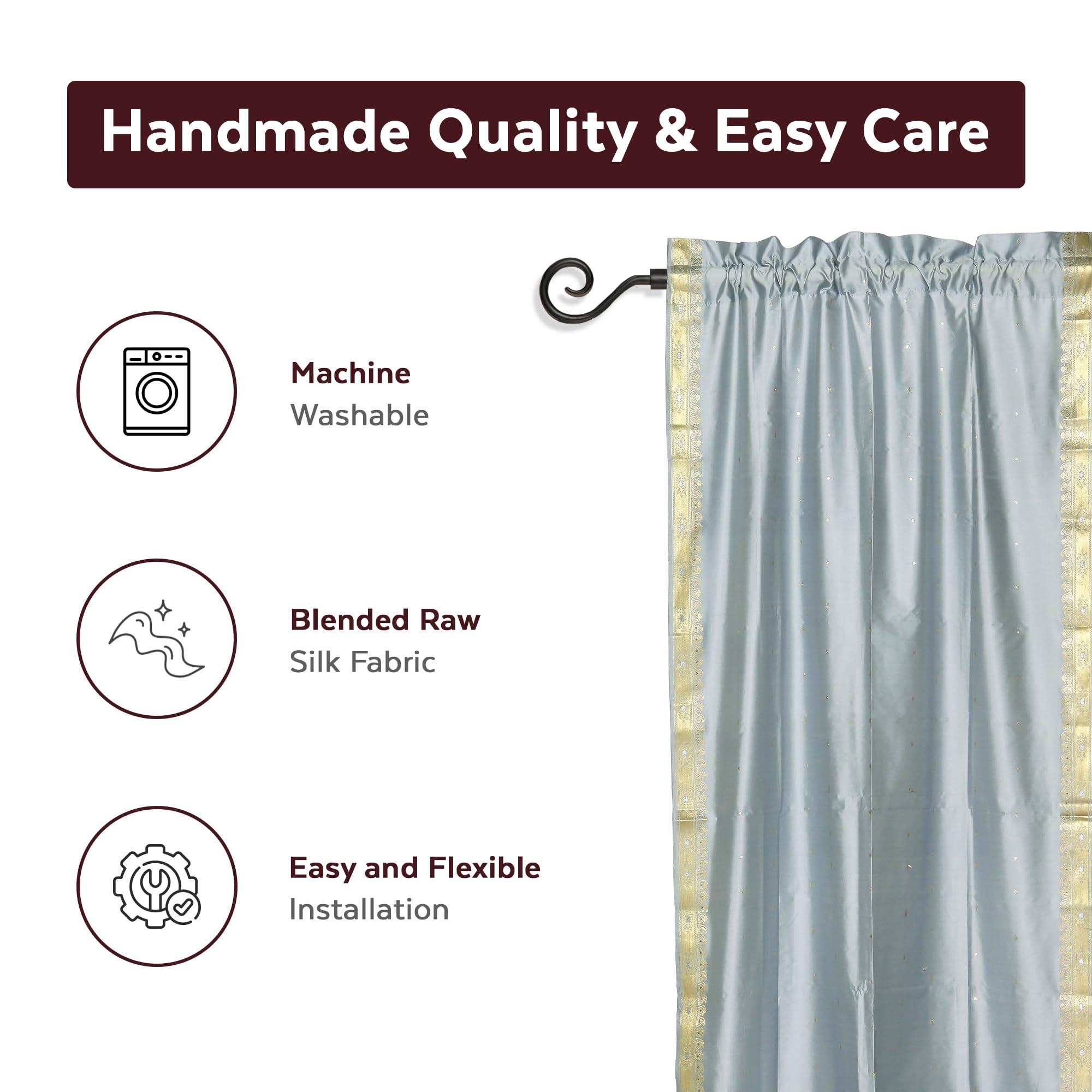Indian Selections Lined Rod Pocket Sari Curtain 43" W x 63" L - Handcrafted Gray Indian Drapes with Lining, Offering Enhanced Privacy and Insulation, Perfect for Living Room/Bedroom, Sold in Pairs