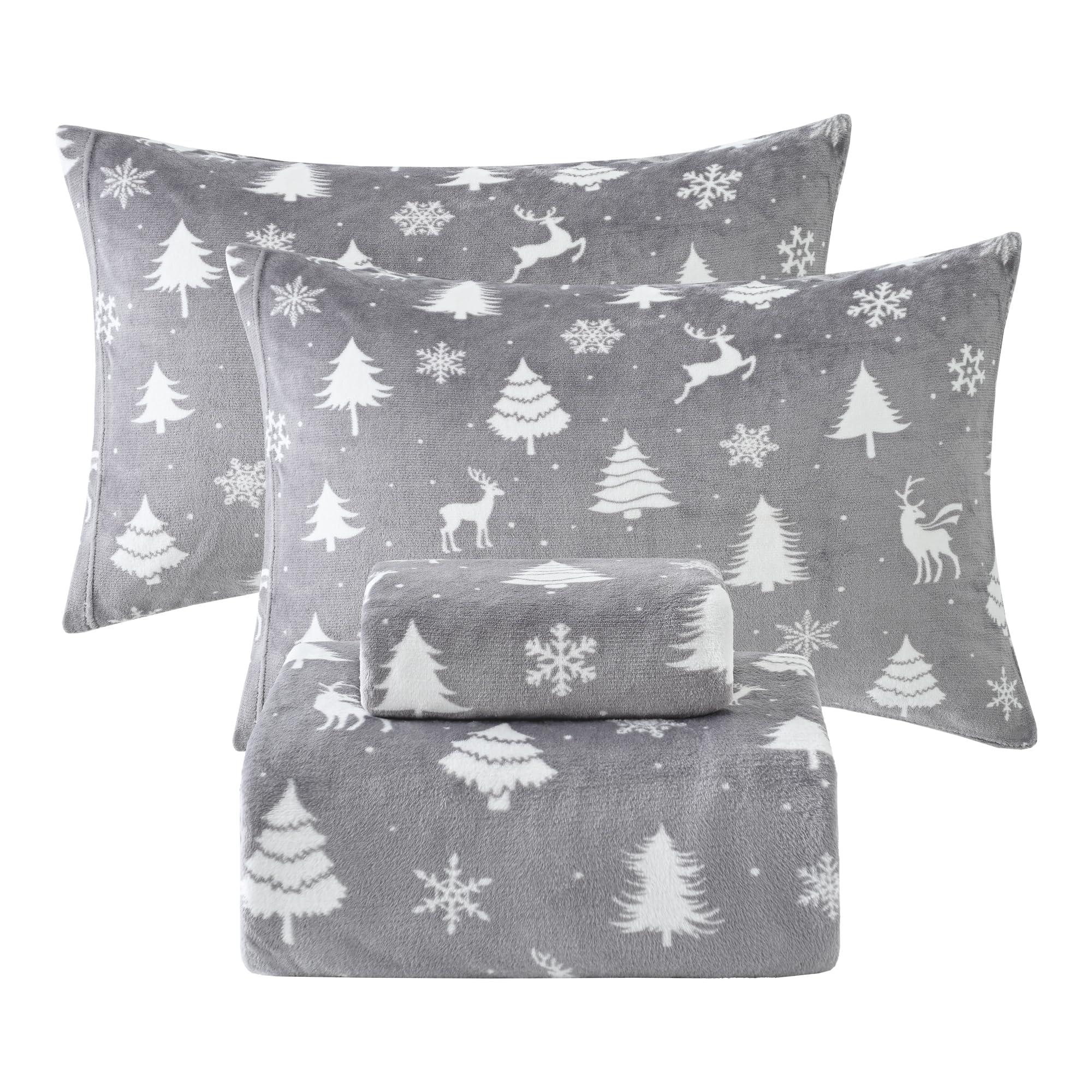 Softan Softan Full Micro Fleece Sheets Set, Christmas Full Size Bed Sheet Set, Plush Velvet Fleece Sheet Set with 15" Deep Pocket Fitted Sheet, Flat Sheet, 2 Pillowcase, Soft and Warm, Deer Print Grey