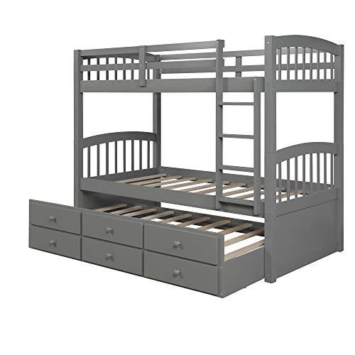 XD Designs XD Designs Twin Over Twin Bunk Bed with Trundle Bed and 3 Storage Drawers, Solid Wood Bed Frame with Ladder/Safety Rail for Kids, Teens Bedroom (Grey)