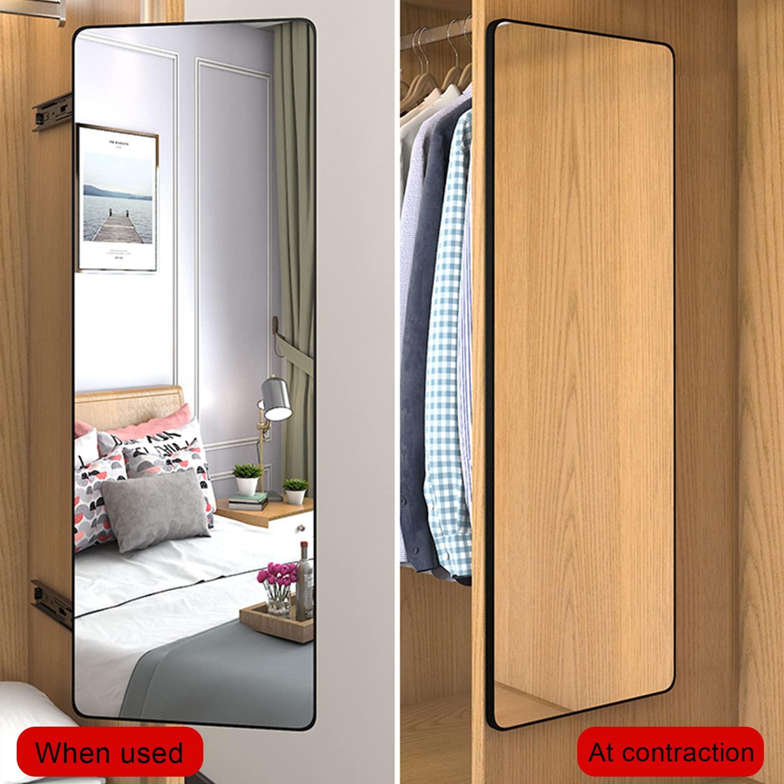 QQXX QQXX Full Length Invisible Pull-Out Mirror, Push-Pull Telescopic Sliding Rotating Vanity Mirror,Standing Bracket Wall-Mounted Mirror for Wardrobe Full Body Mirror(100x40cm(39x16in), Black)